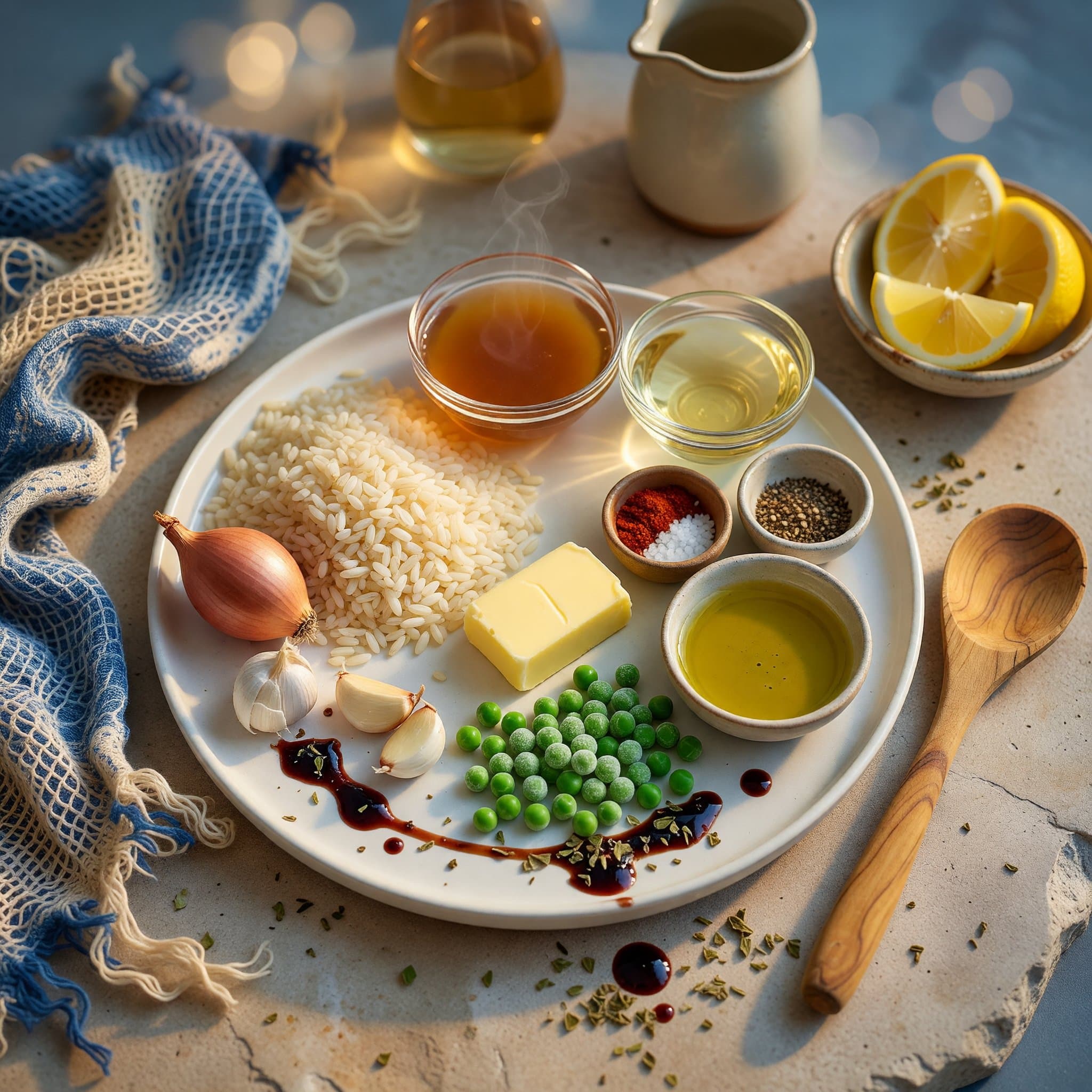 Overhead view of Arborio Rice, Chicken Broth, Dry White Wine, Shallot, Garlic, Butter, Olive Oil and Frozen Peas arranged on a table