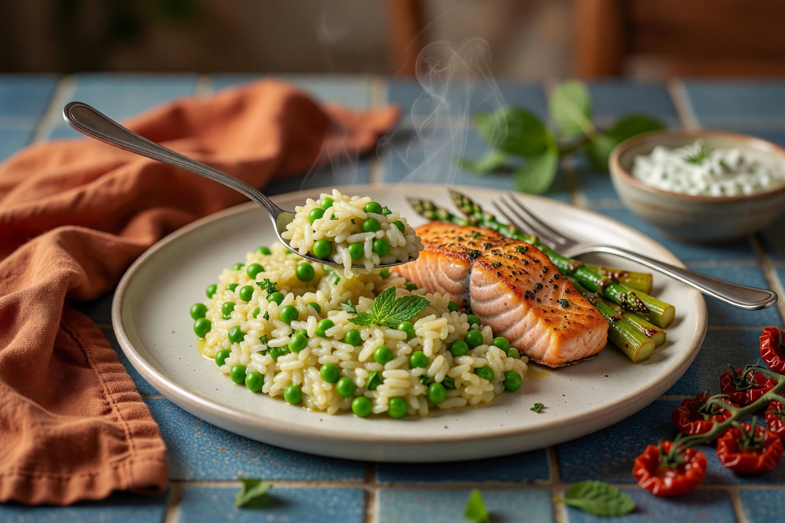 To plate, spoon a generous mound of pea-mint risotto into the center of each bow while preparing Lemon-Herb Salmon with Asparagus & Pea Mint Risotto