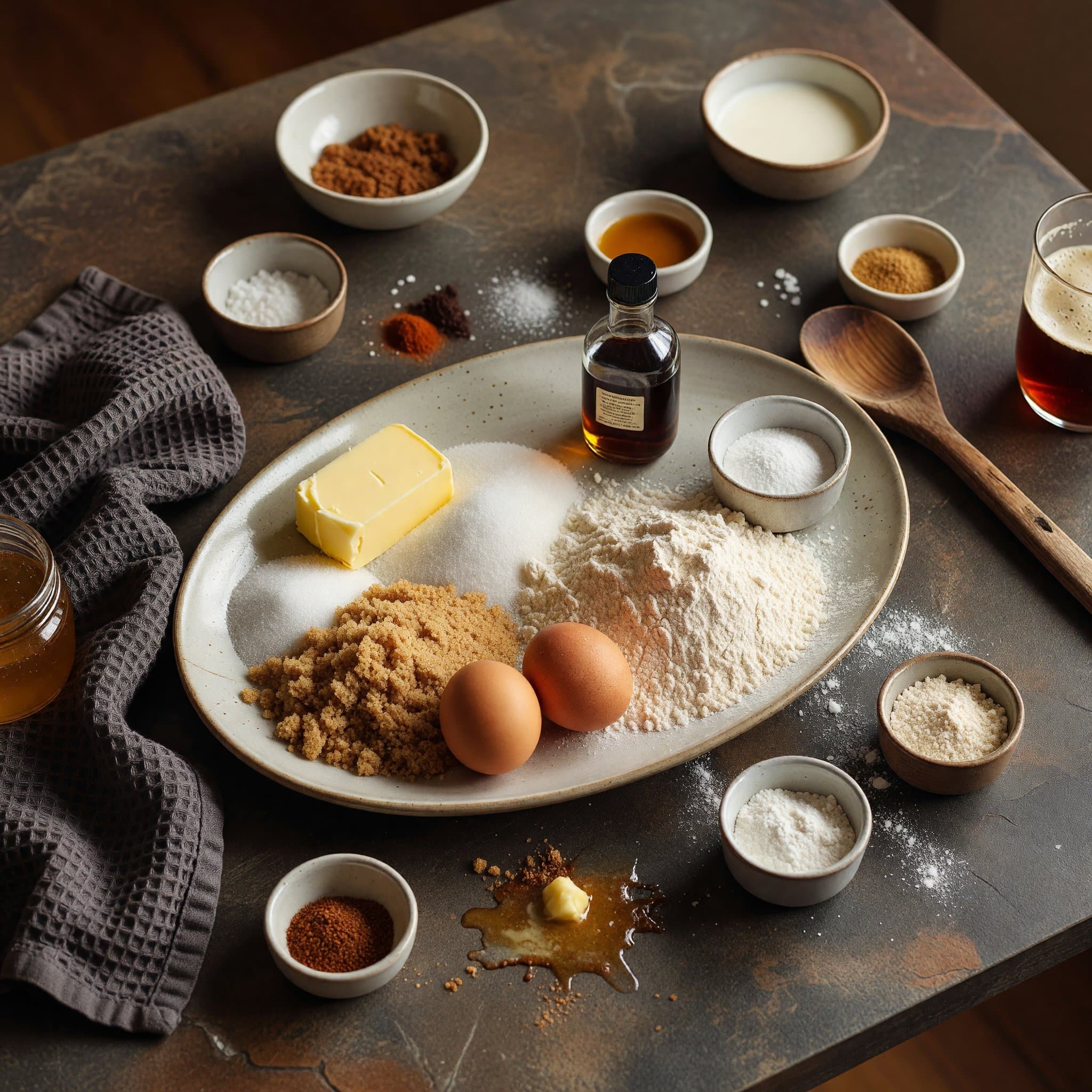 Overhead view of Salted Butter, Granulated Sugar, Light Brown Sugar, Vanilla Extract, Eggs, All-Purpose Flour, Baking Soda and Baking Powder arranged on a table