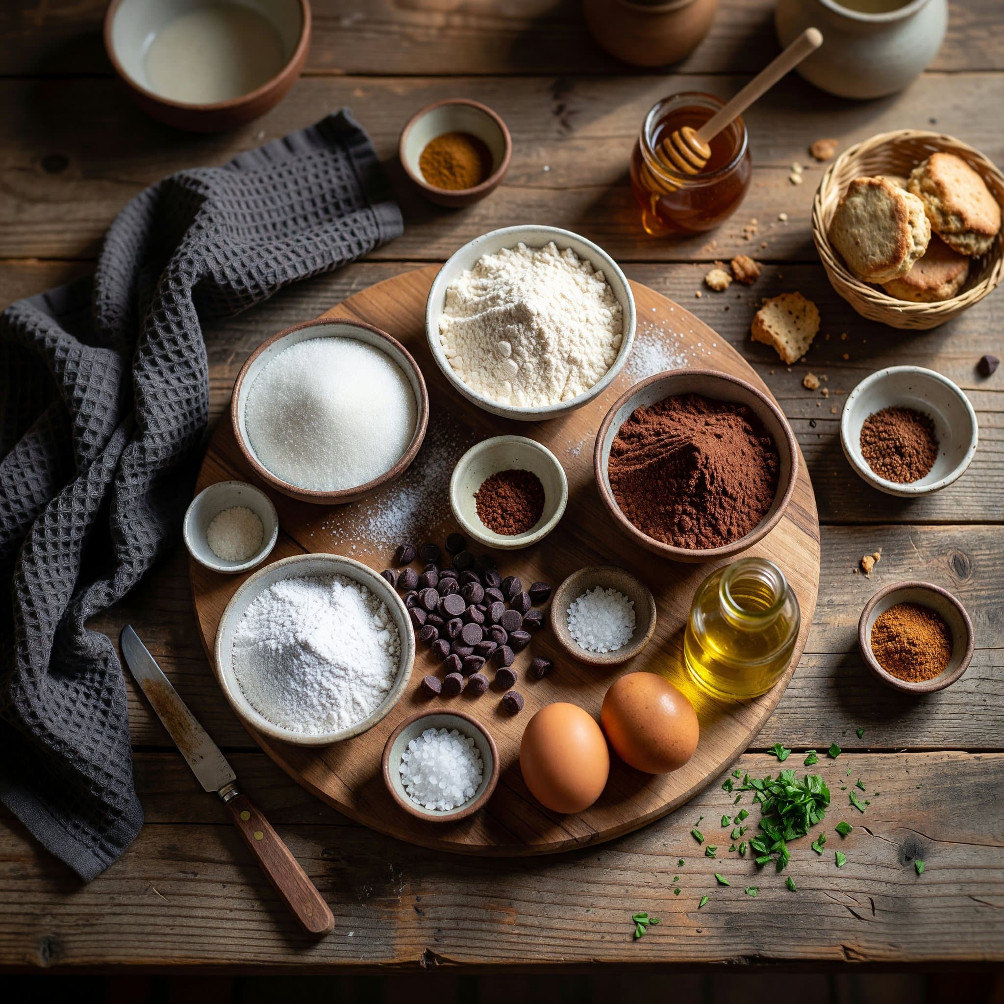 Overhead view of Granulated Sugar*, All-Purpose Flour, Cocoa Powder, Powdered Sugar, Dark Chocolate Chips, Sea Salt, Eggs and Canola Oil Or Extra-Virgin Olive Oil** arranged on a table