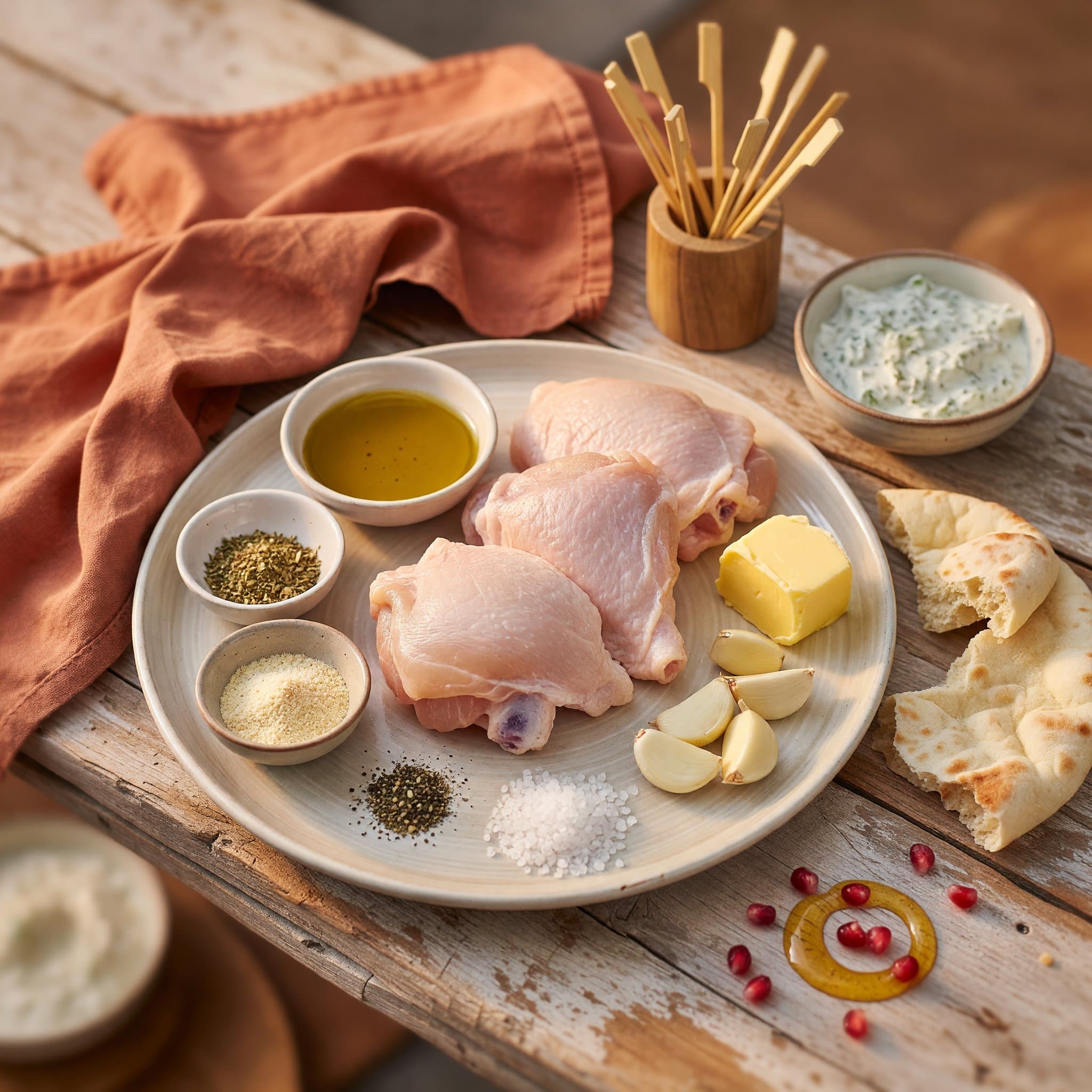 Overhead view of Bone-In Skin-On Chicken Thighs, Olive Oil, Dried Oregano, Garlic Powder, Black Pepper, Kosher Salt, Butter and Garlic arranged on a table