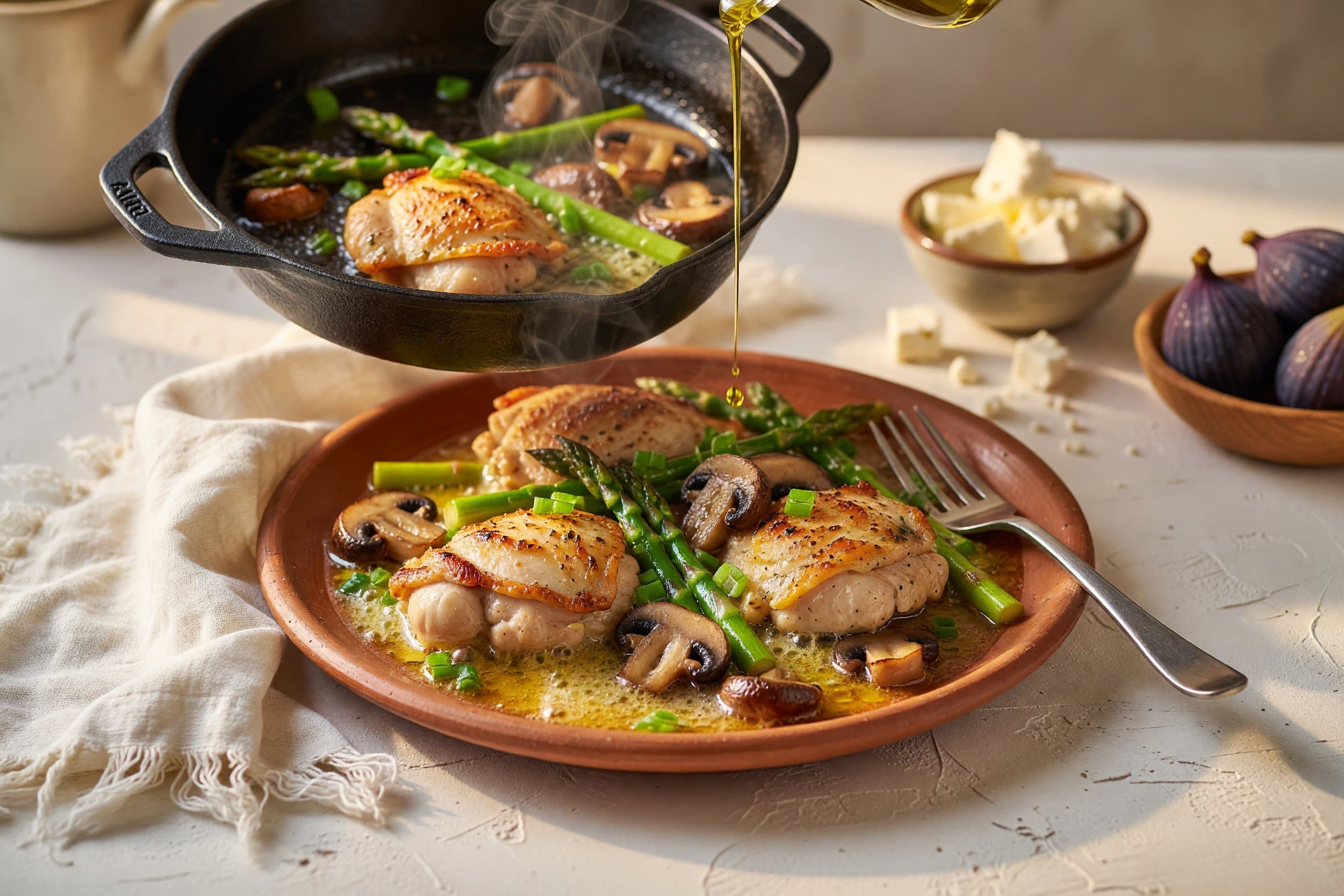 Remove the pan from heat while preparing Greek-American Lemon-Herb Chicken with Mushrooms, Asparagus & Scallion Butter