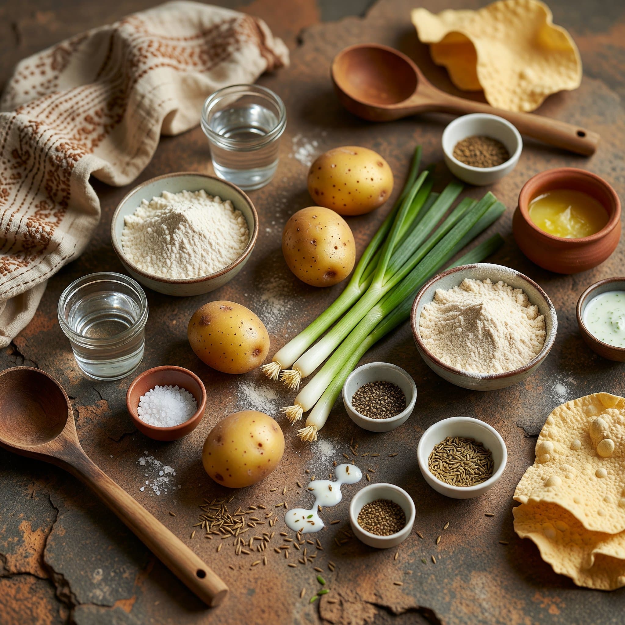 Overhead view of Potato, Scallion, All-Purpose Flour, Chickpea Flour, Water, Salt, Black Pepper and Cumin arranged on a table