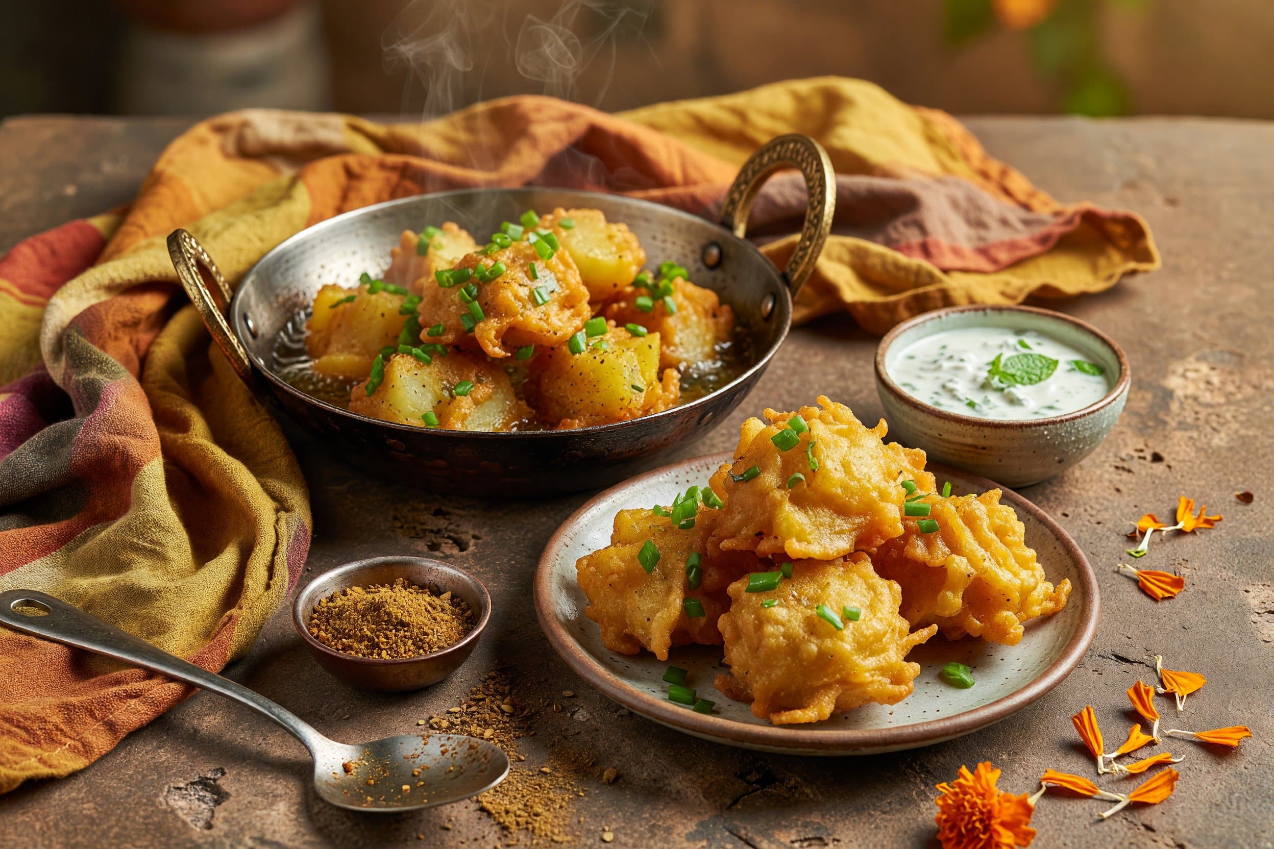 Serve warm pakora immediately with the mint-yogurt sauce on the side while preparing Crispy Potato & Scallion Pakora with Mint Yogurt Sauce