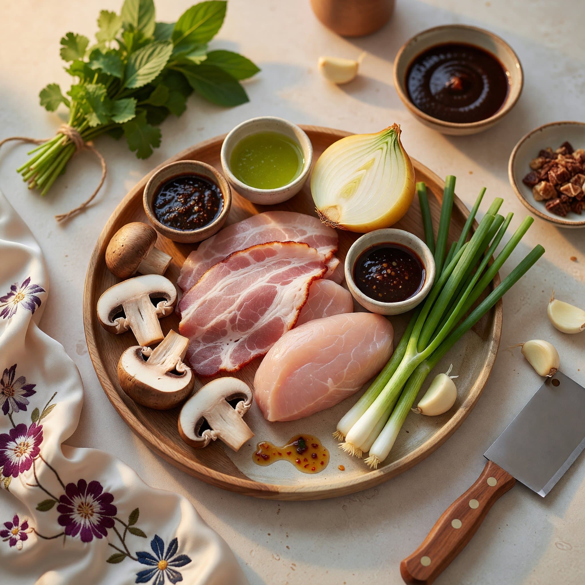 Overhead view of Chicken Breast, Bacon, Mushroom, Onion, Scallion, Garlic, Fish Sauce and Lime Juice arranged on a table