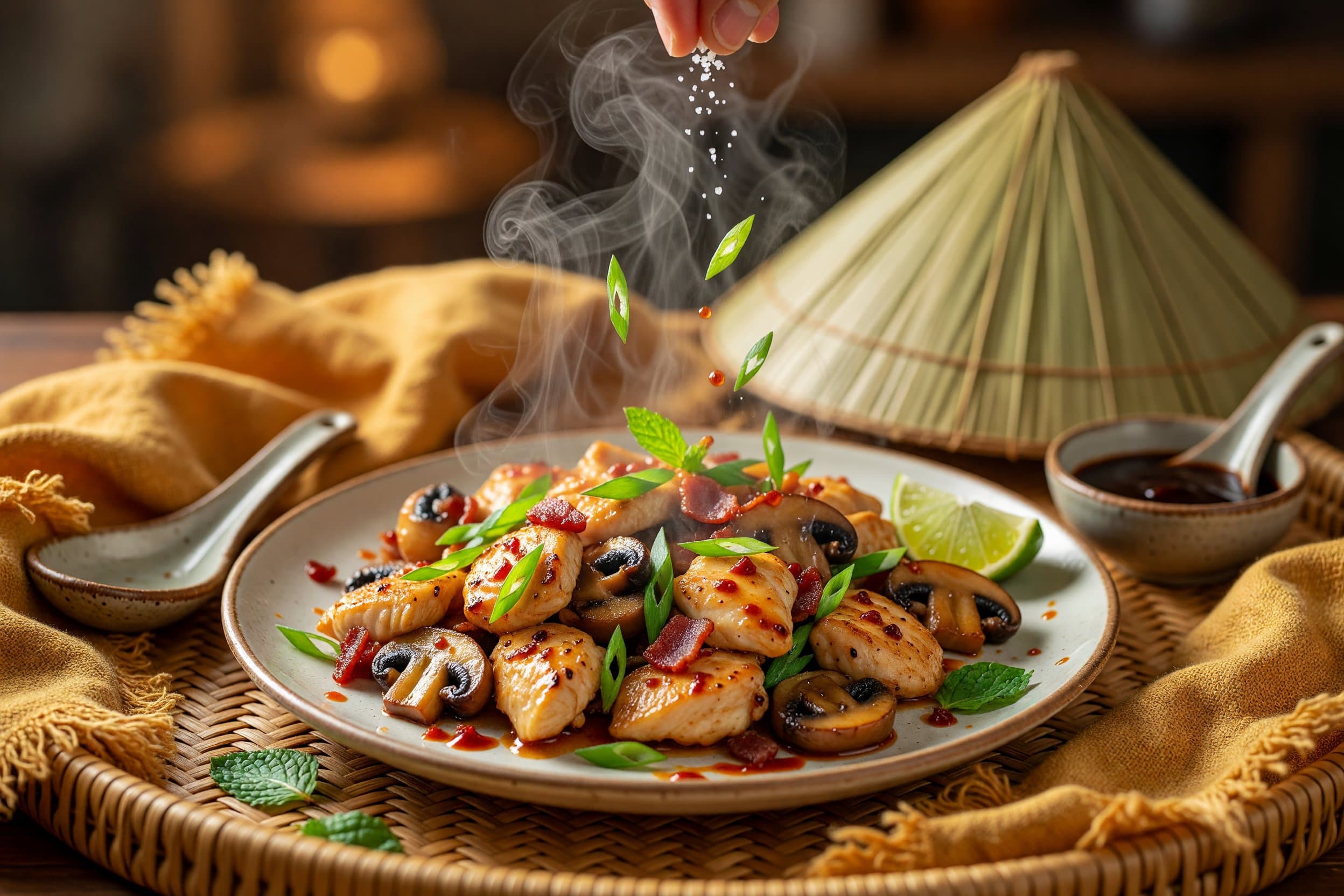Taste and adjust seasoning with additional salt, fish sauce, or lime juice as de while preparing Vietnamese Chicken & Mushroom Stir-Fry with Crispy Bacon & Scallion