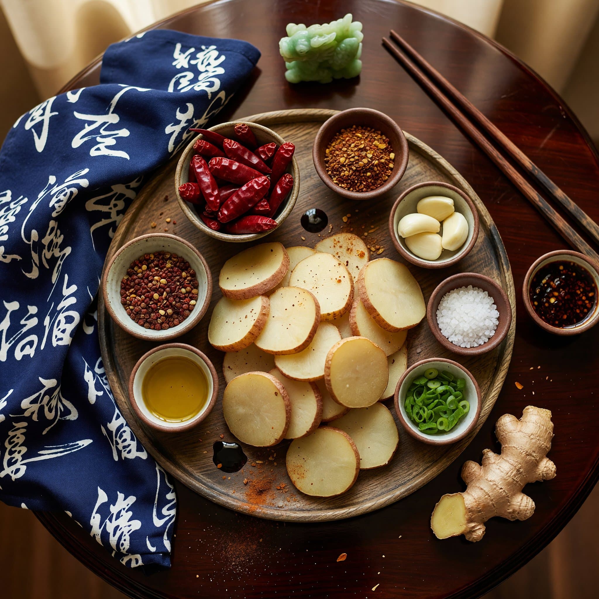 Overhead view of Russet Potatoes, Vegetable Oil, Sichuan Peppercorns, Dried Red Chilies, Garlic, Fresh Ginger, Sea Salt and Fresh Scallions arranged on a table