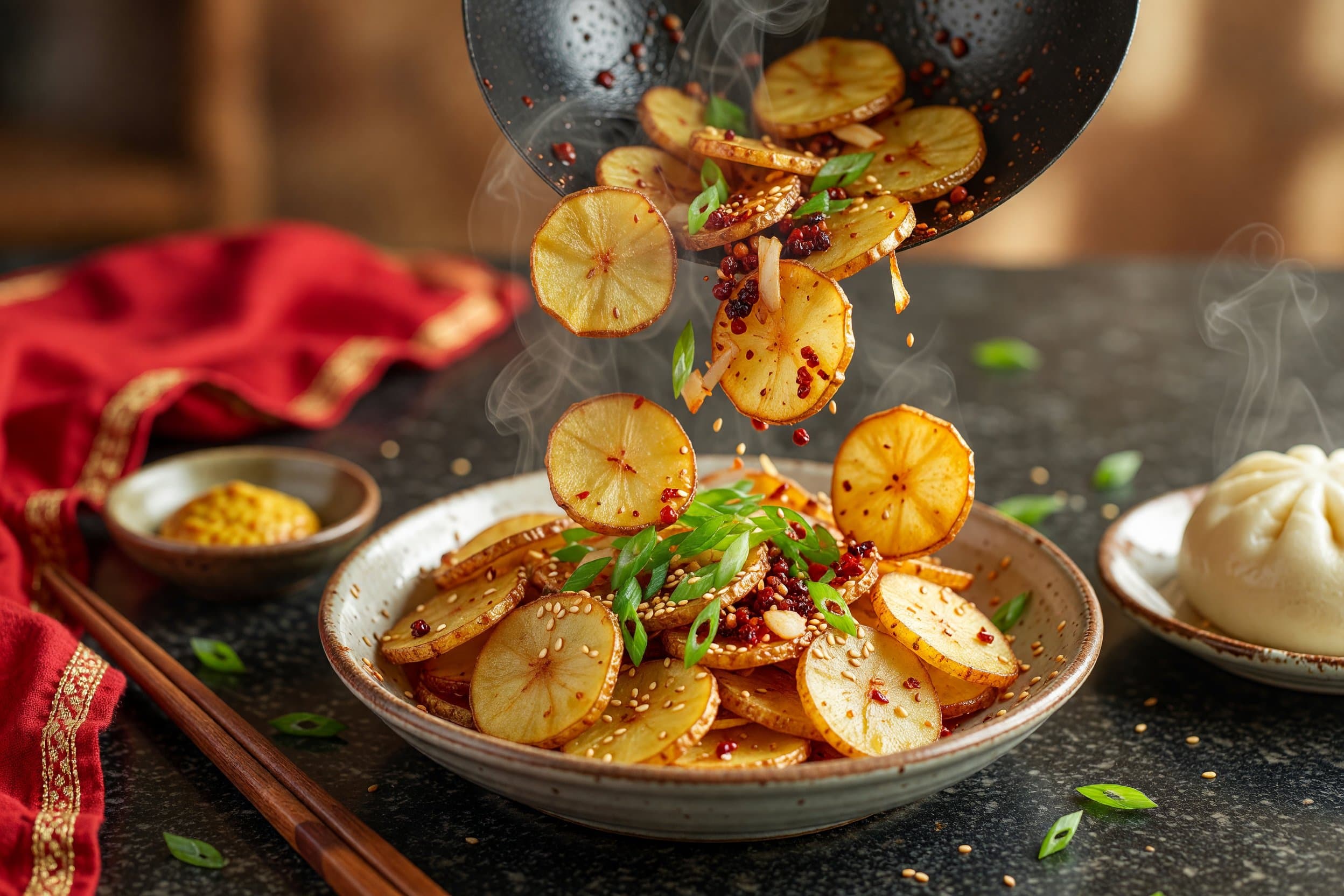 Transfer to a serving bowl and garnish with sliced scallions and sesame seeds if while preparing Crispy Chili Oil Potato Coins with Sichuan Peppercorn