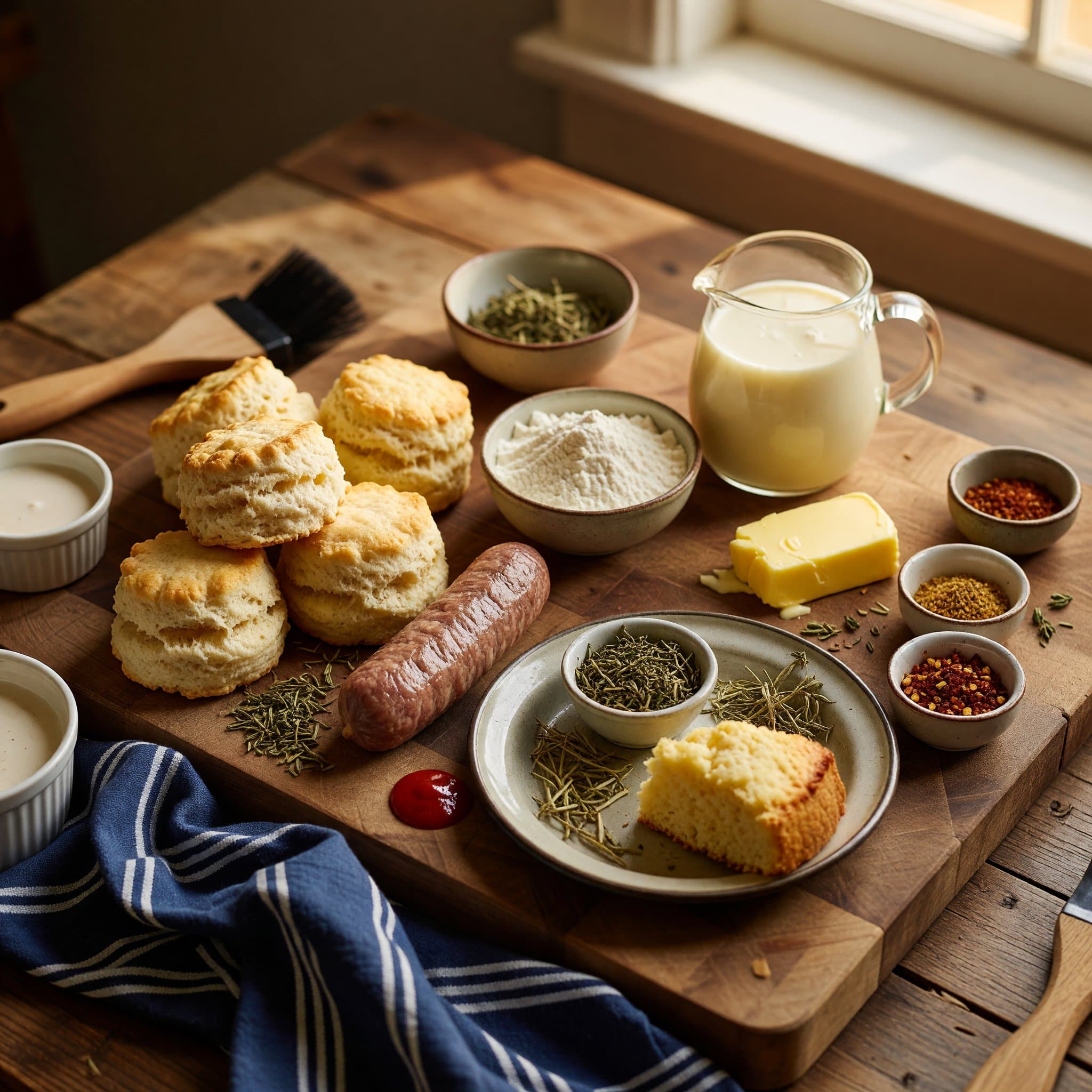 Overhead view of Flakey Buttermilk Biscuits, Pork Sausage, All-Purpose Flour, Half Half, Butter, Dried Thyme, Dried Rosemary and Red Pepper Flakes arranged on a table