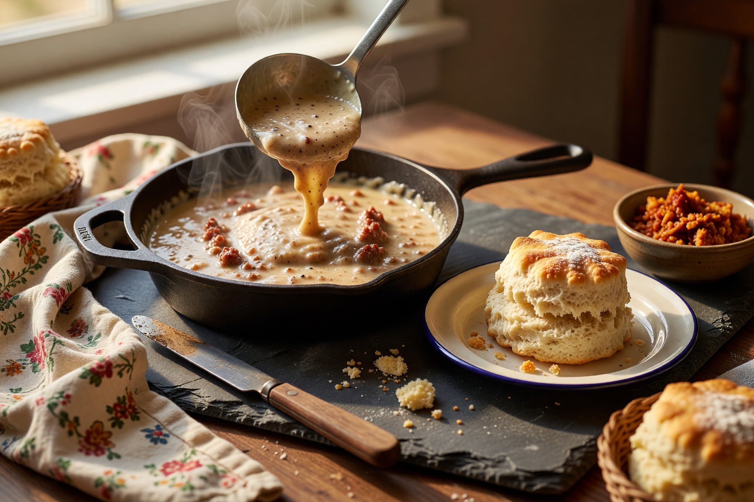 Serve over warm biscuits while preparing Sausage Gravy and Biscuits