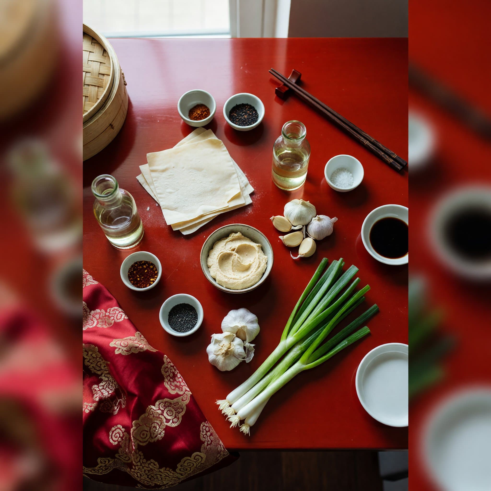 Overhead view of Wonton Wrappers, Hummus, Garlic, Scallions, Neutral Oil, Sesame Seeds, Red Pepper Flakes and Sea Salt arranged on a table