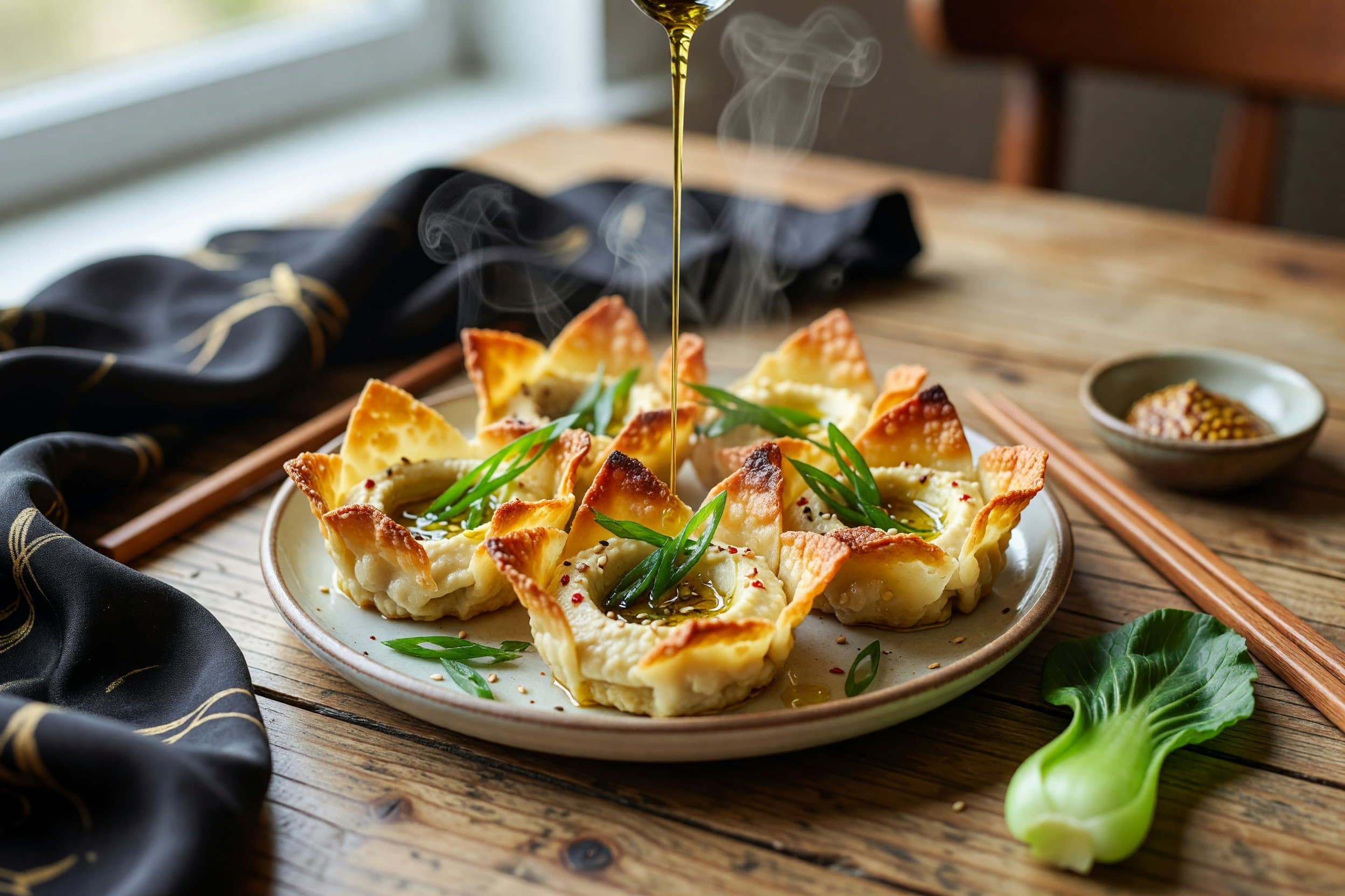 Finish with finely sliced dark green scallion parts for color and freshness while preparing Crispy Garlic Hummus Wonton Cups with Scallion Oil & Sesame
