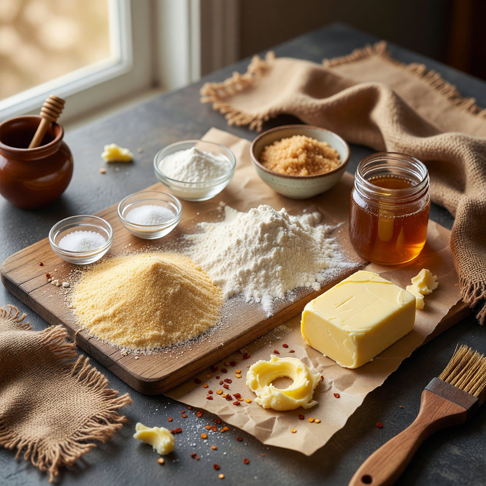 Overhead view of Fine Cornmeal, (125g) All-Purpose Flour (Spooned & Leveled), Baking Powder, Baking Soda, Salt, Unsalted Butter, Light Brown Sugar and Honey arranged on a table