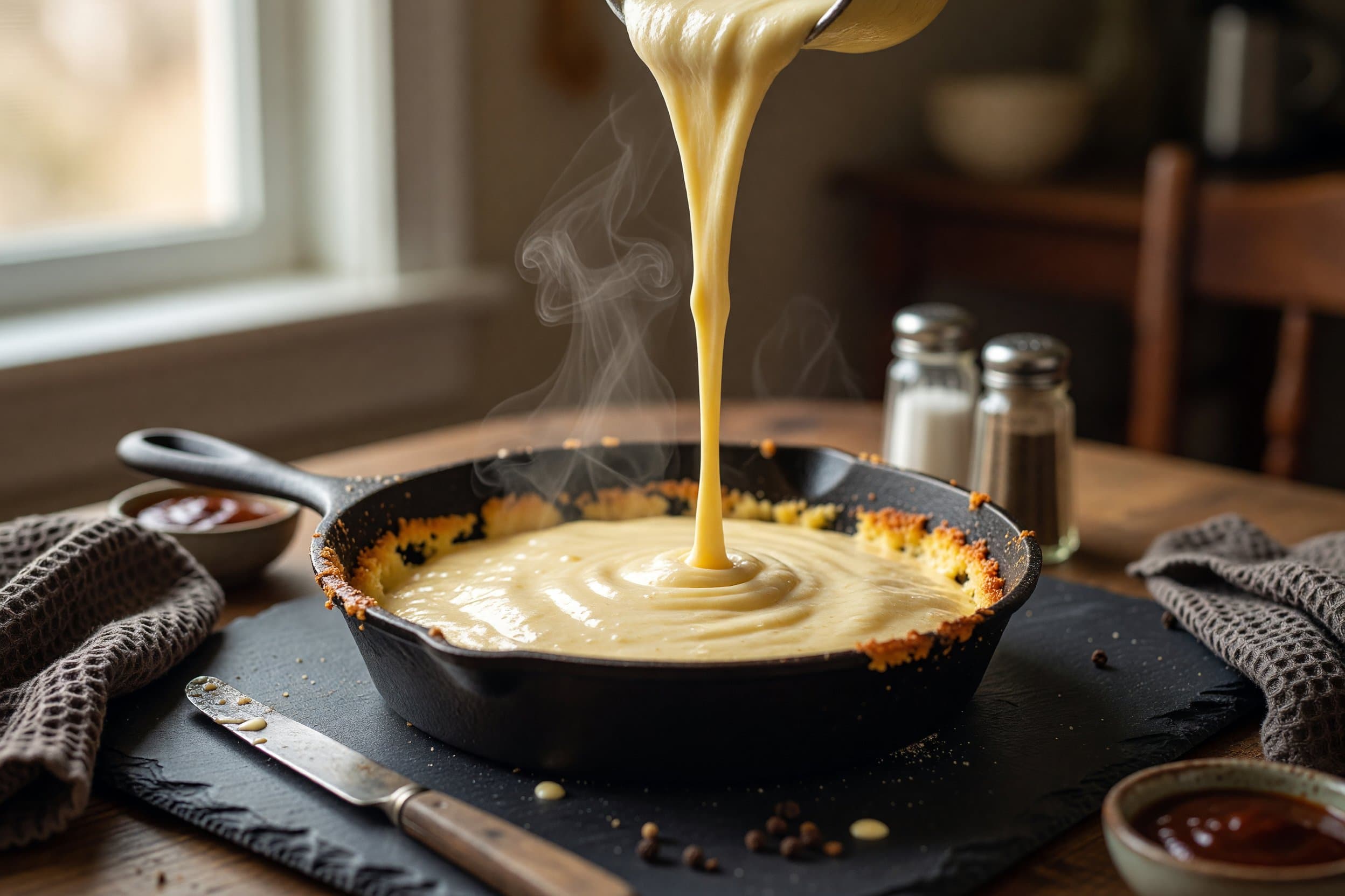 Pour batter into prepared baking pan while preparing My Favorite Cornbread Recipe
