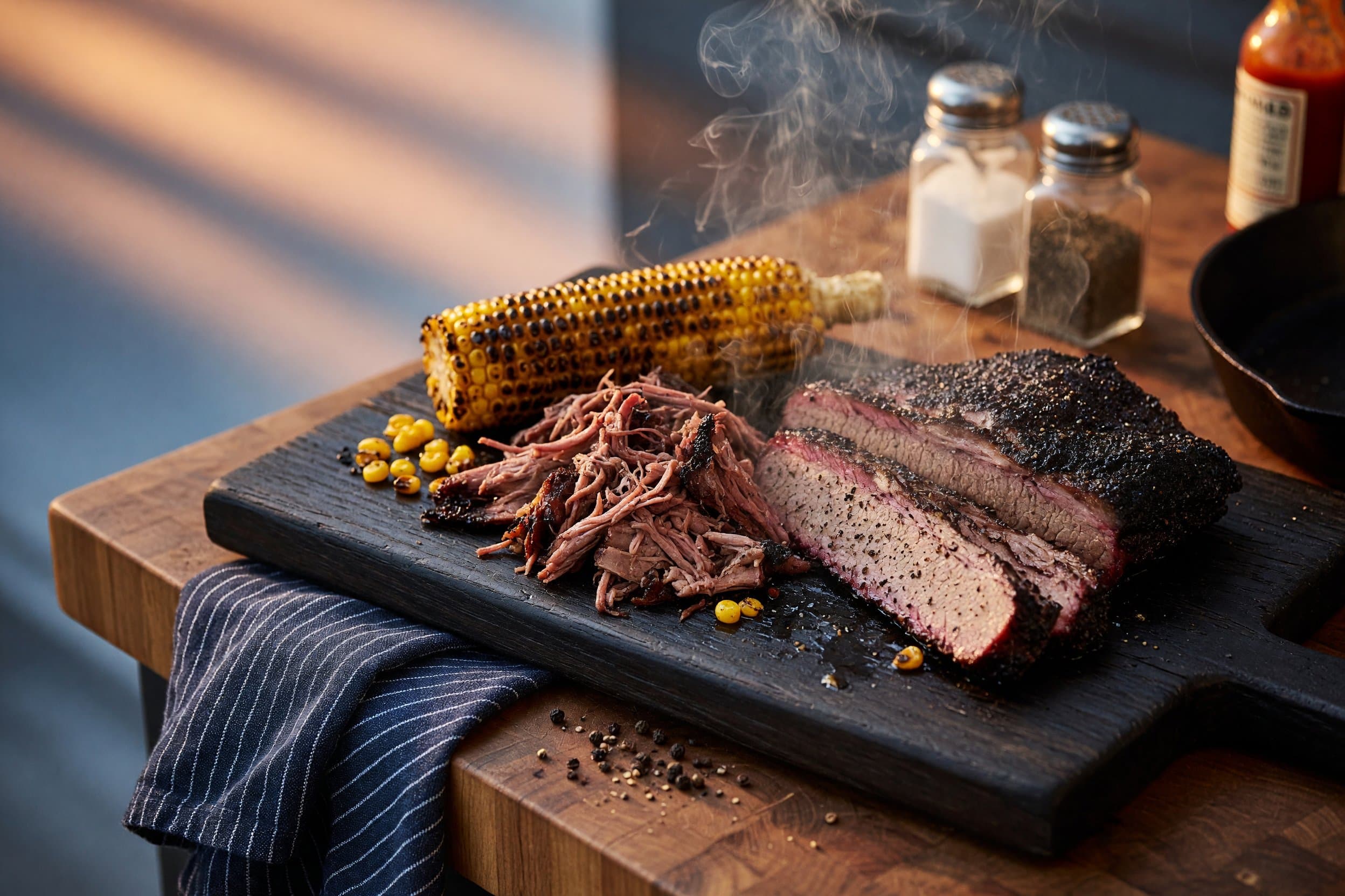 Plate your sliced and pulled brisket, place the grilled corn alongside, and garn while preparing Texas Smoked Brisket with Pulled & Whole Cuts, Grilled Corn & Summer Beer