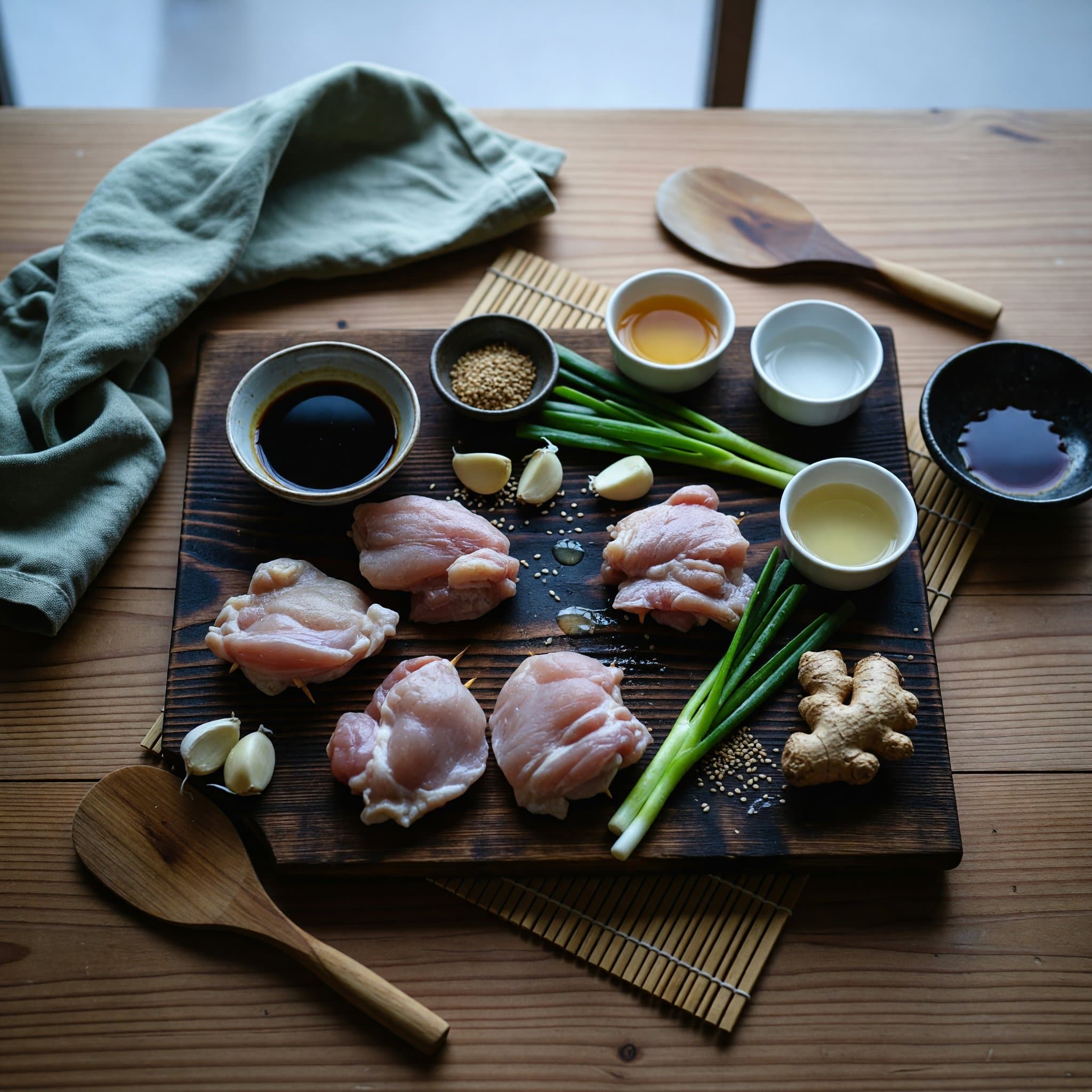 Overhead view of Chicken Thighs, Soy Sauce, Mirin, Sake, Garlic, Ginger, Scallions and Sesame Seeds arranged on a table