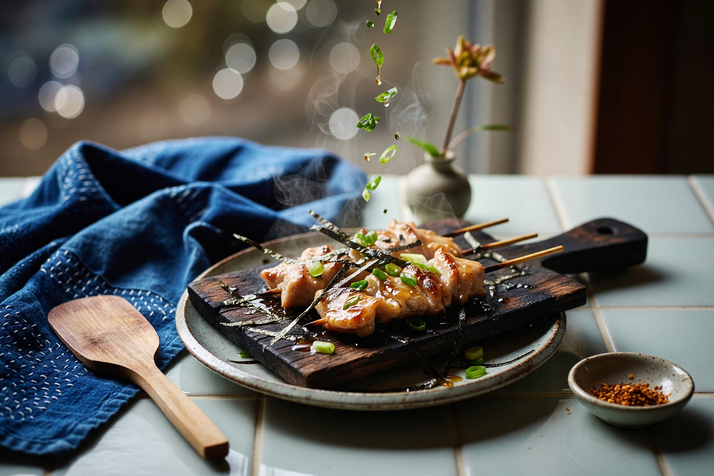 Transfer your skewers to a serving plate and garnish with sliced scallions and a while preparing Yakitori (Grilled Chicken Skewers)
