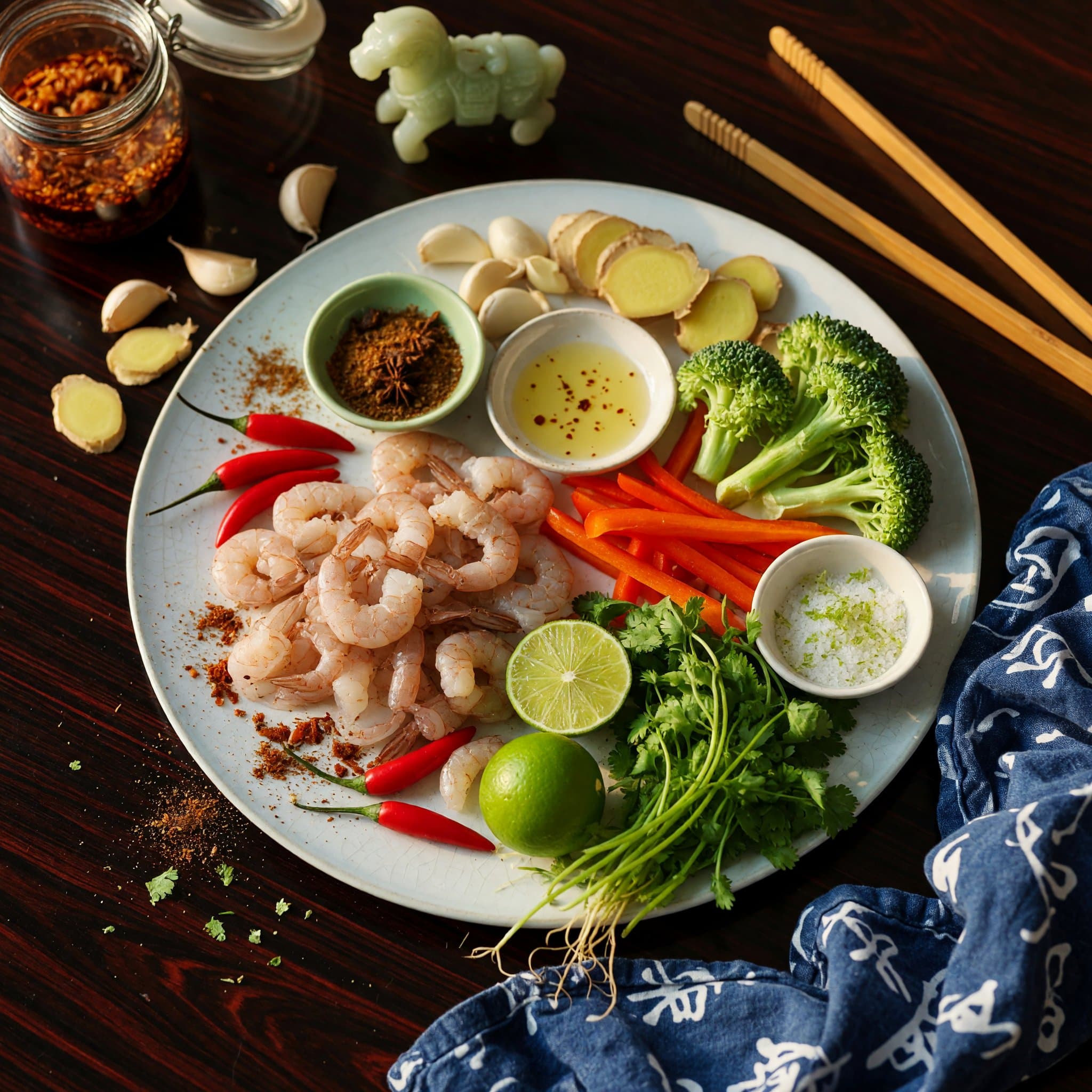 Overhead view of Shrimp, Red Chili Peppers, Lime, Fresh Cilantro, Bell Pepper, Broccoli Florets, Garlic and Ginger arranged on a table