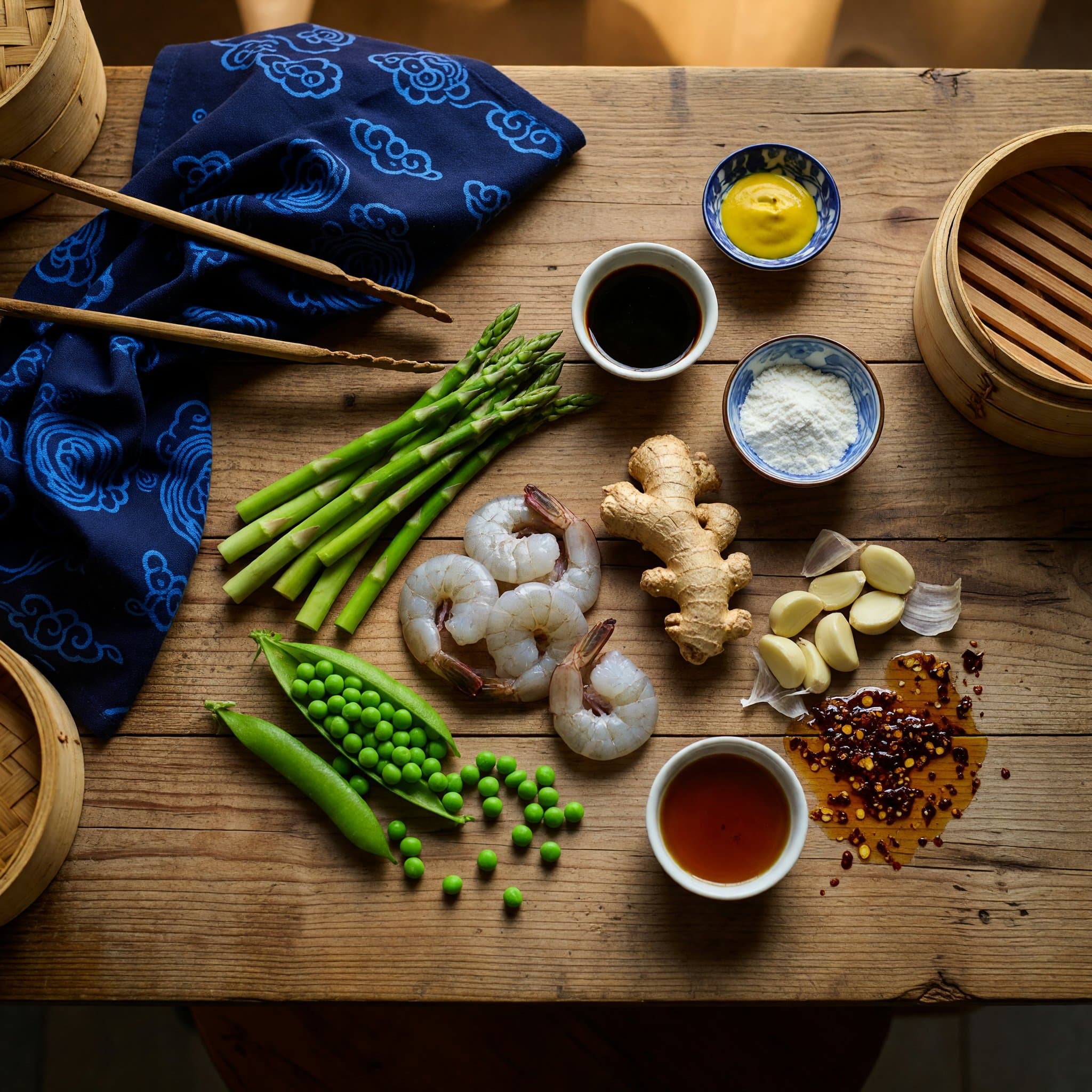Overhead view of Shrimp, Soy Sauce, Cornstarch, Sesame Oil, Asparagus, Fresh Peas, Garlic and Fresh Ginger arranged on a table