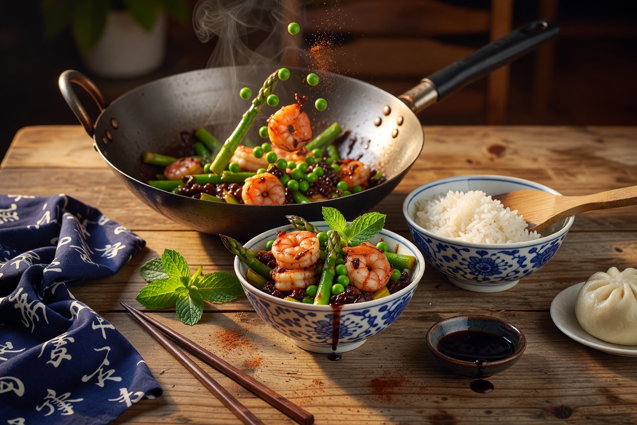 Divide the cooked jasmine rice between two bowls while preparing Sichuan-Style Wok-Seared Shrimp with Asparagus & Peas in Black Bean Sauce