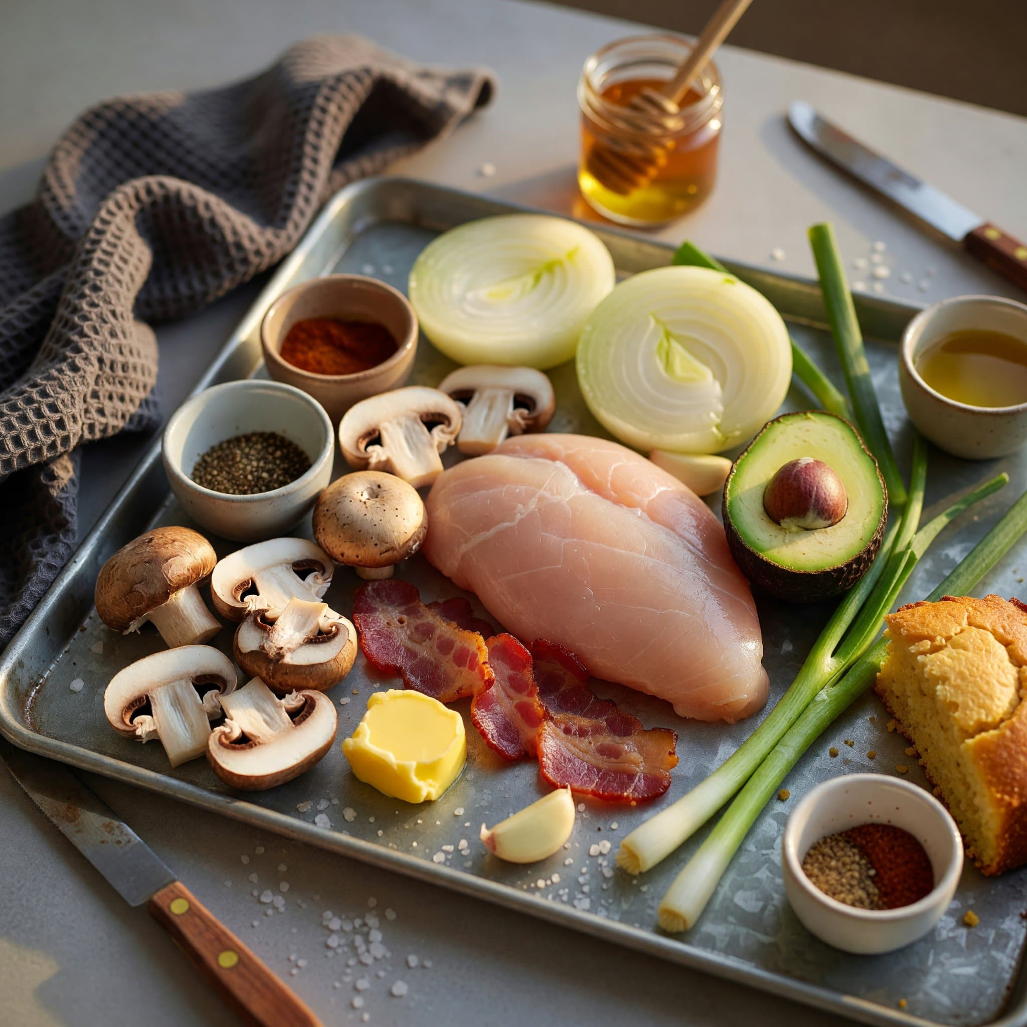 Overhead view of Chicken Breast, Bacon, Mushroom, Avocado, Butter, Onion, Garlic and Scallion arranged on a table