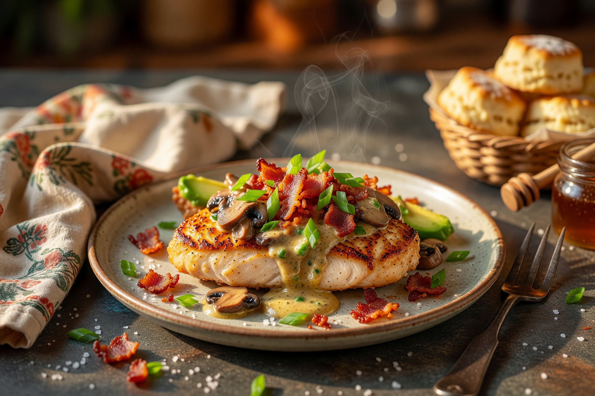 Serve immediately, garnished with scallion greens while preparing Pan-Seared Chicken with Mushroom-Avocado Butter & Crispy Bacon Crumble