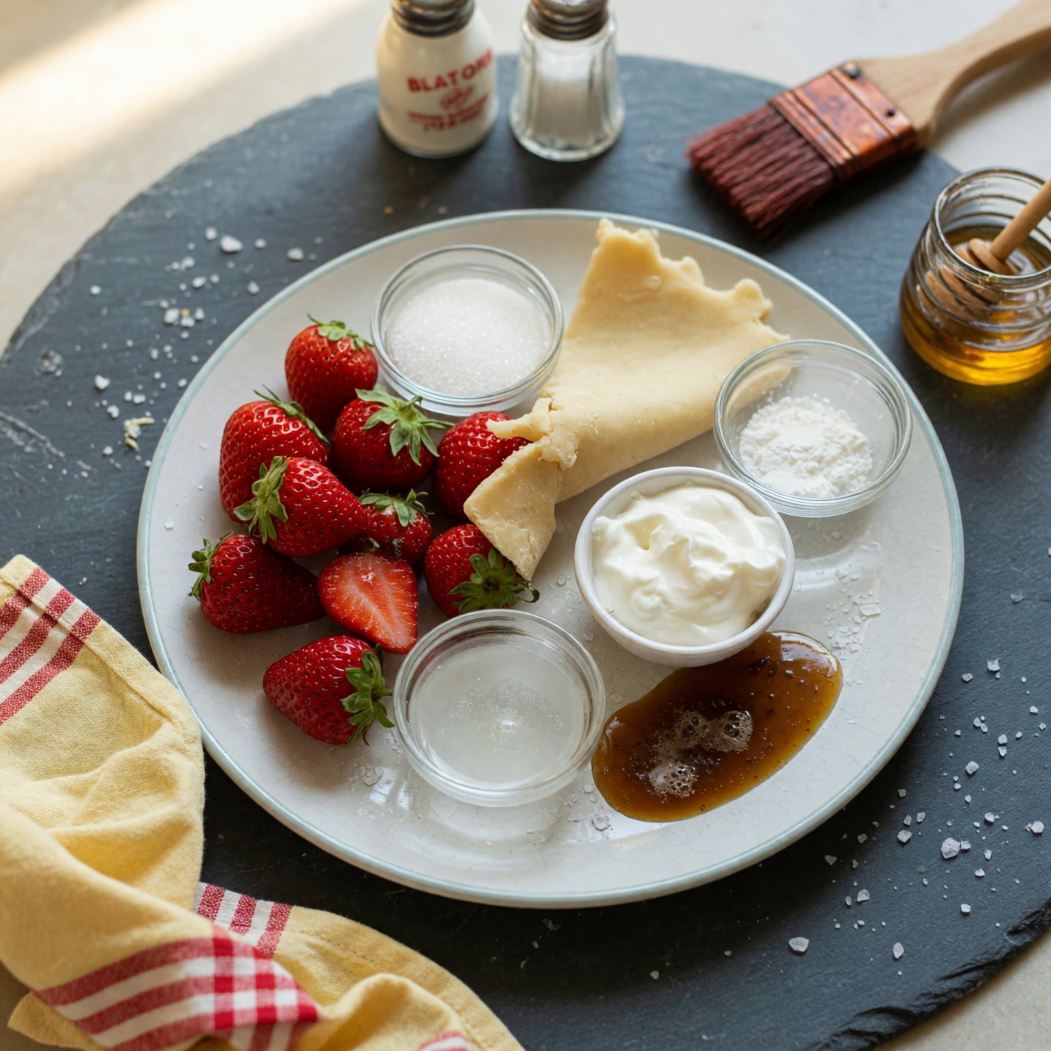 Overhead view of Fresh Strawberries, Pie Crust, Granulated Sugar, Cornstarch, Water and Heavy Whipping Cream arranged on a table