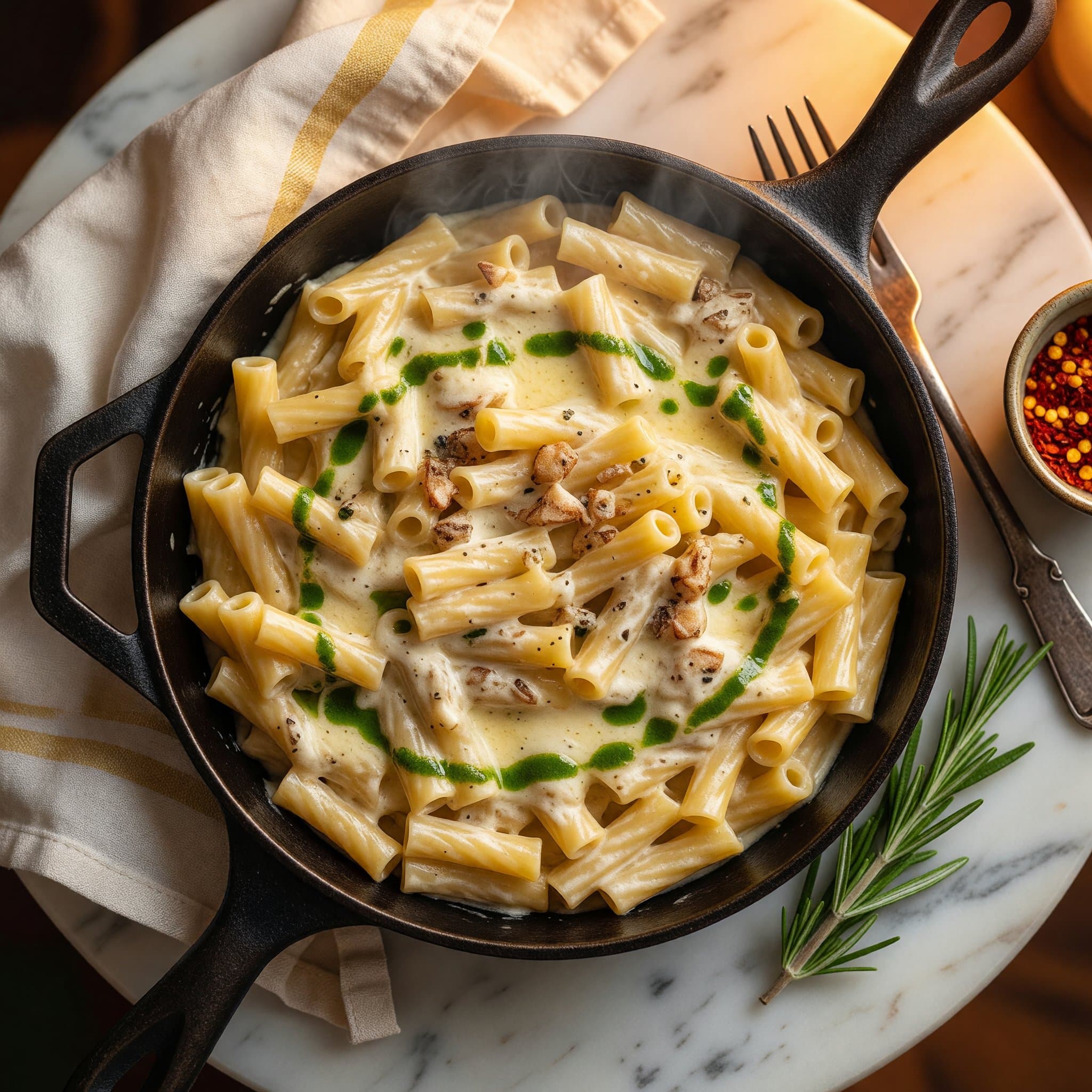 One-pot garlic Parmesan pasta topped with fresh parsley and a shower of extra Parm.