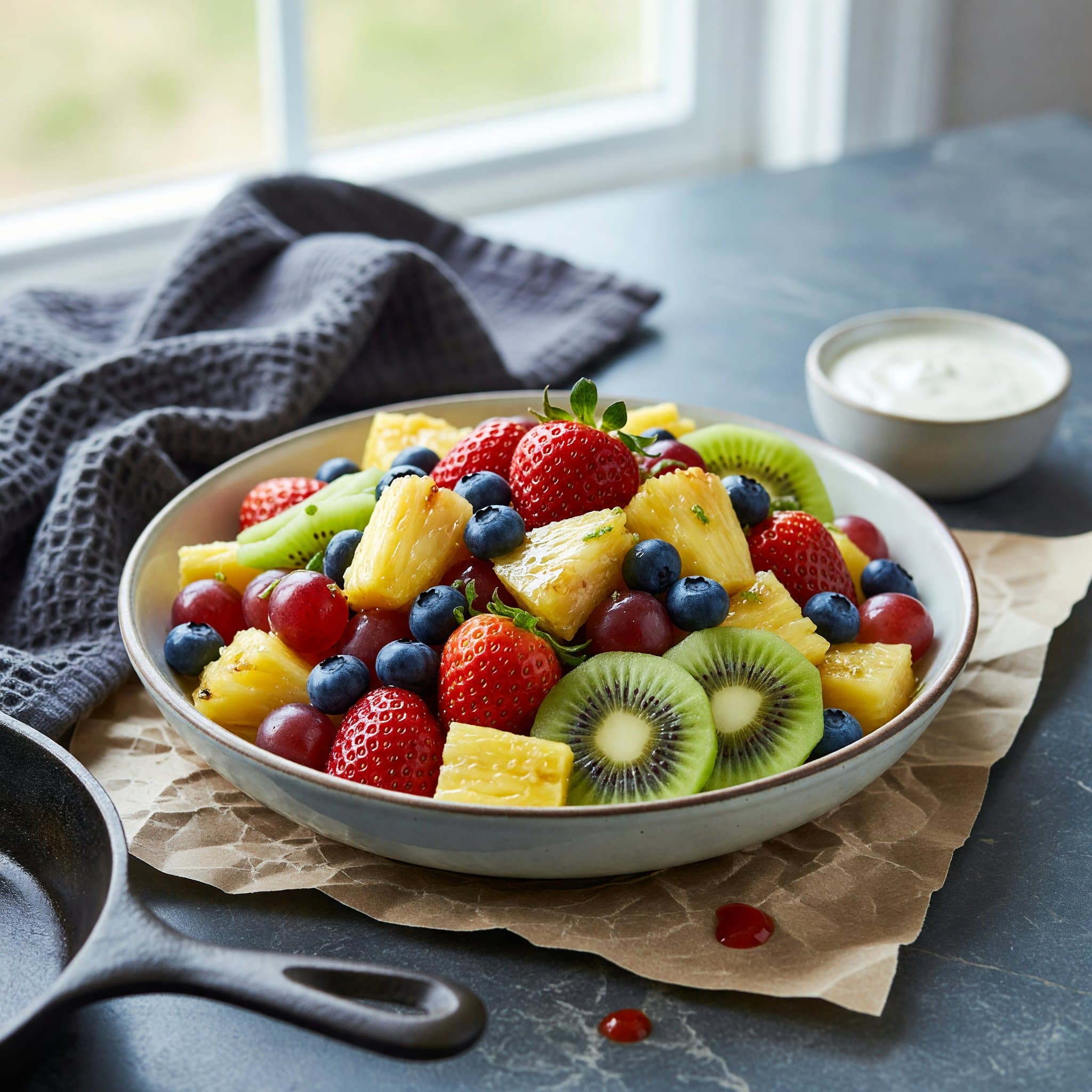 The finished fruit salad, glossy with lime-honey syrup and packed with color — strawberries, blueberries, kiwi, grapes, pineapple, and…