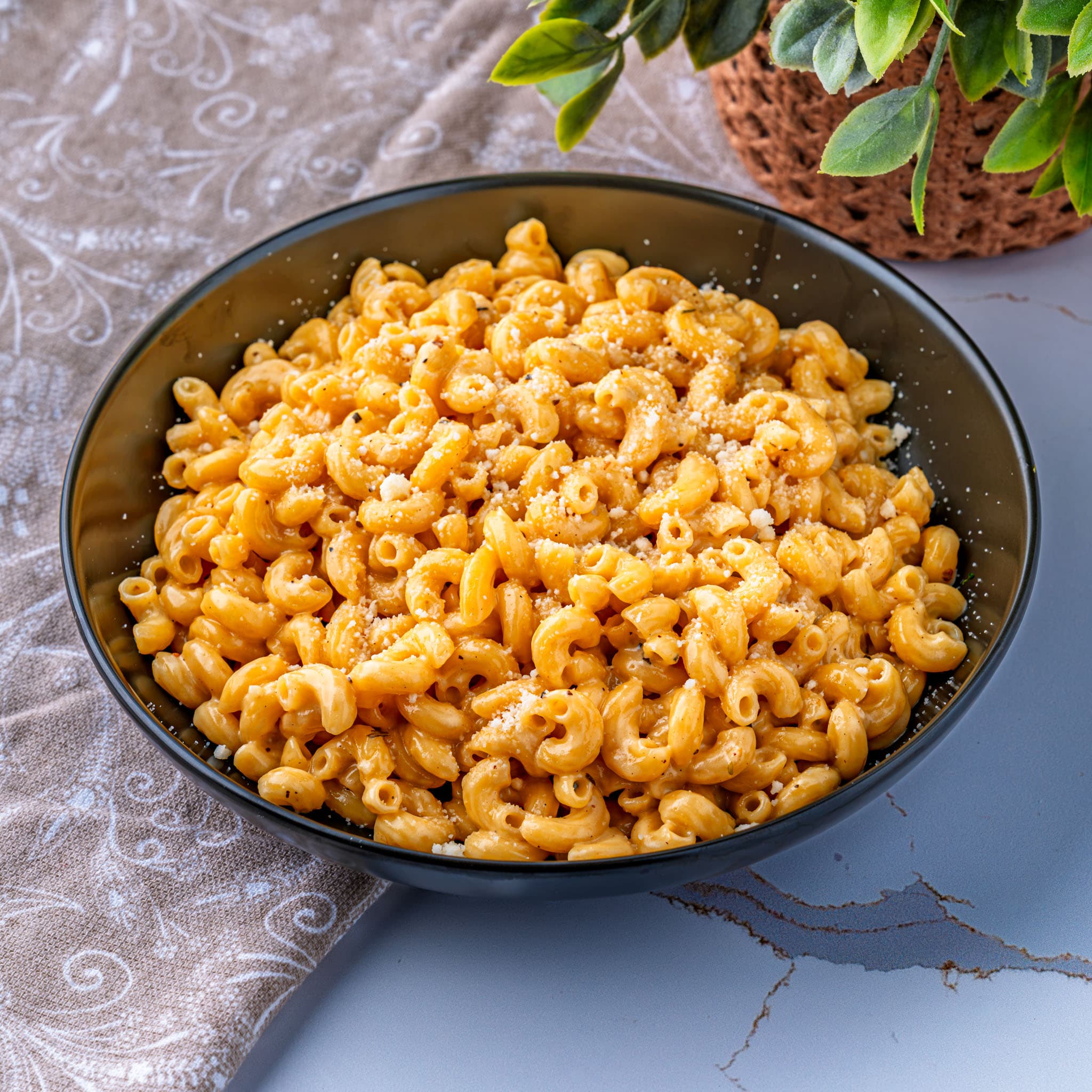 A pot of glossy garlic parmesan pasta, straight off the stove.
