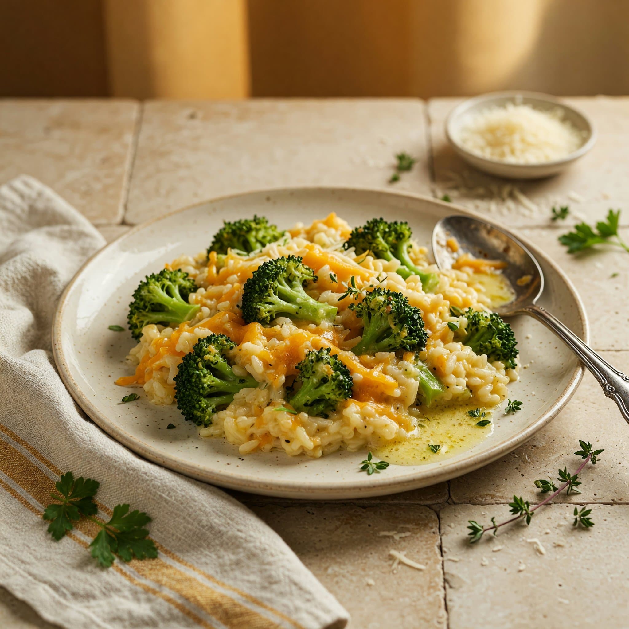 A bowl of broccoli cheddar risotto, steam still rising off the top.