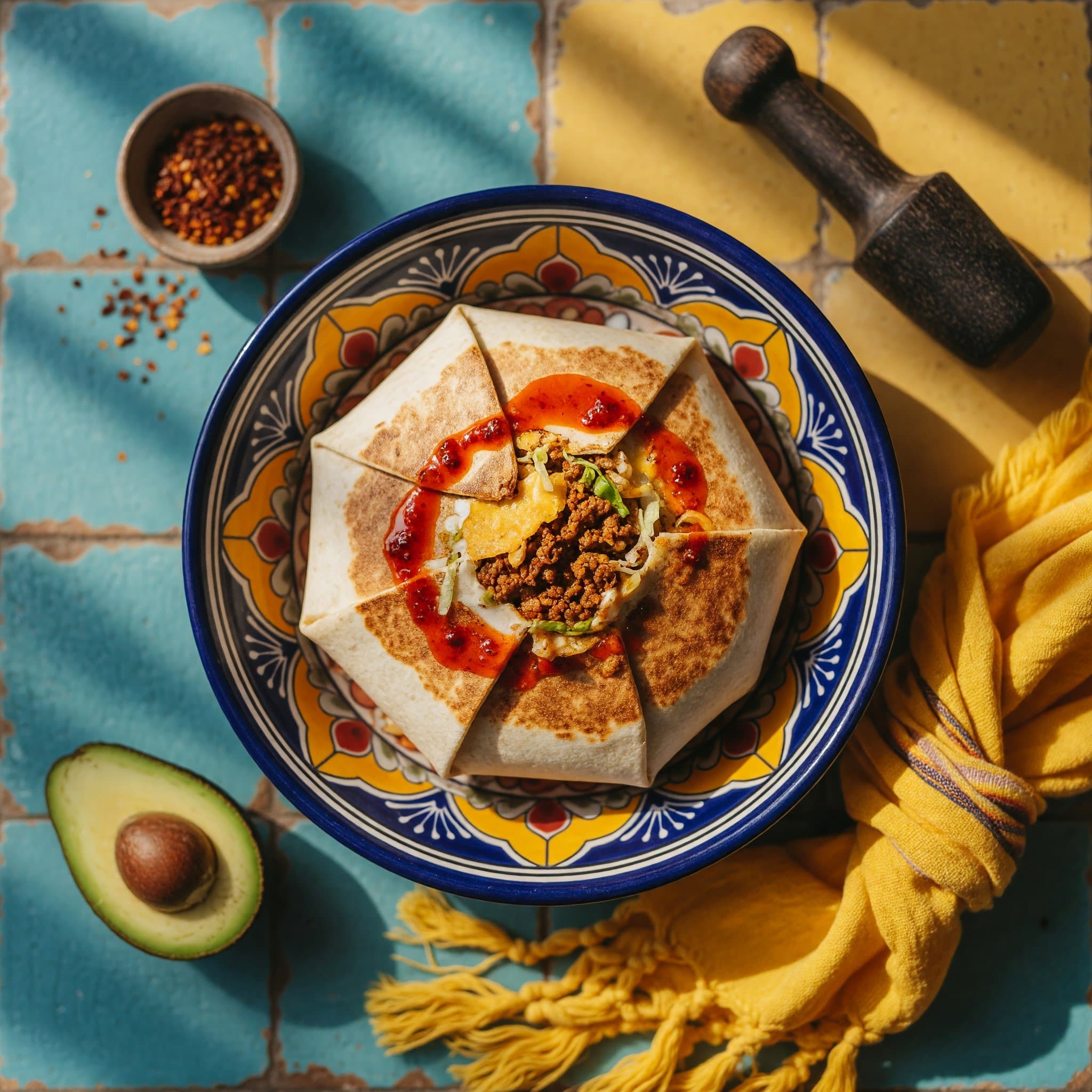 A golden, toasted crunchwrap sliced open to show the layers inside.