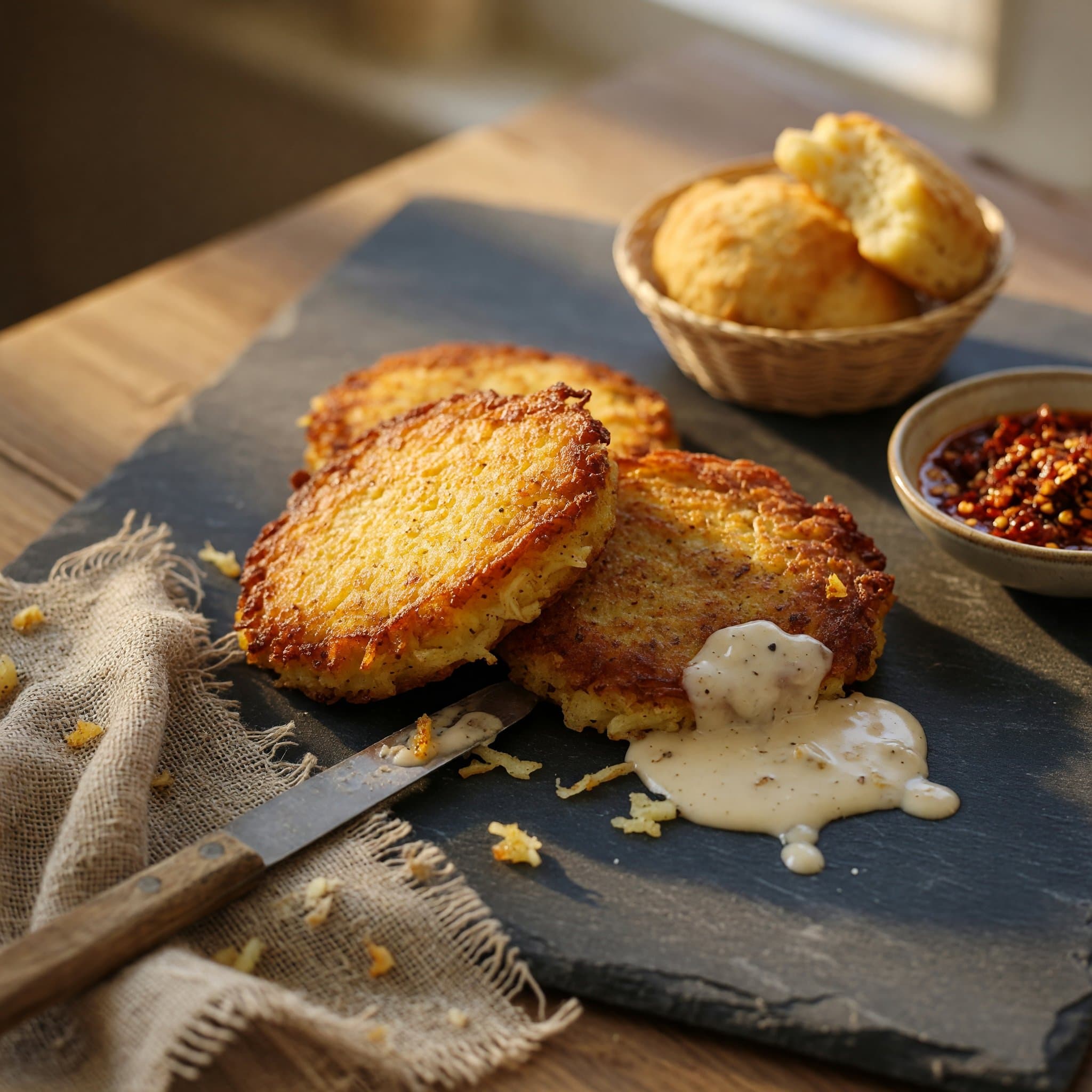 Golden, crispy potato pancakes fresh from the pan, topped with sour cream and green onions.