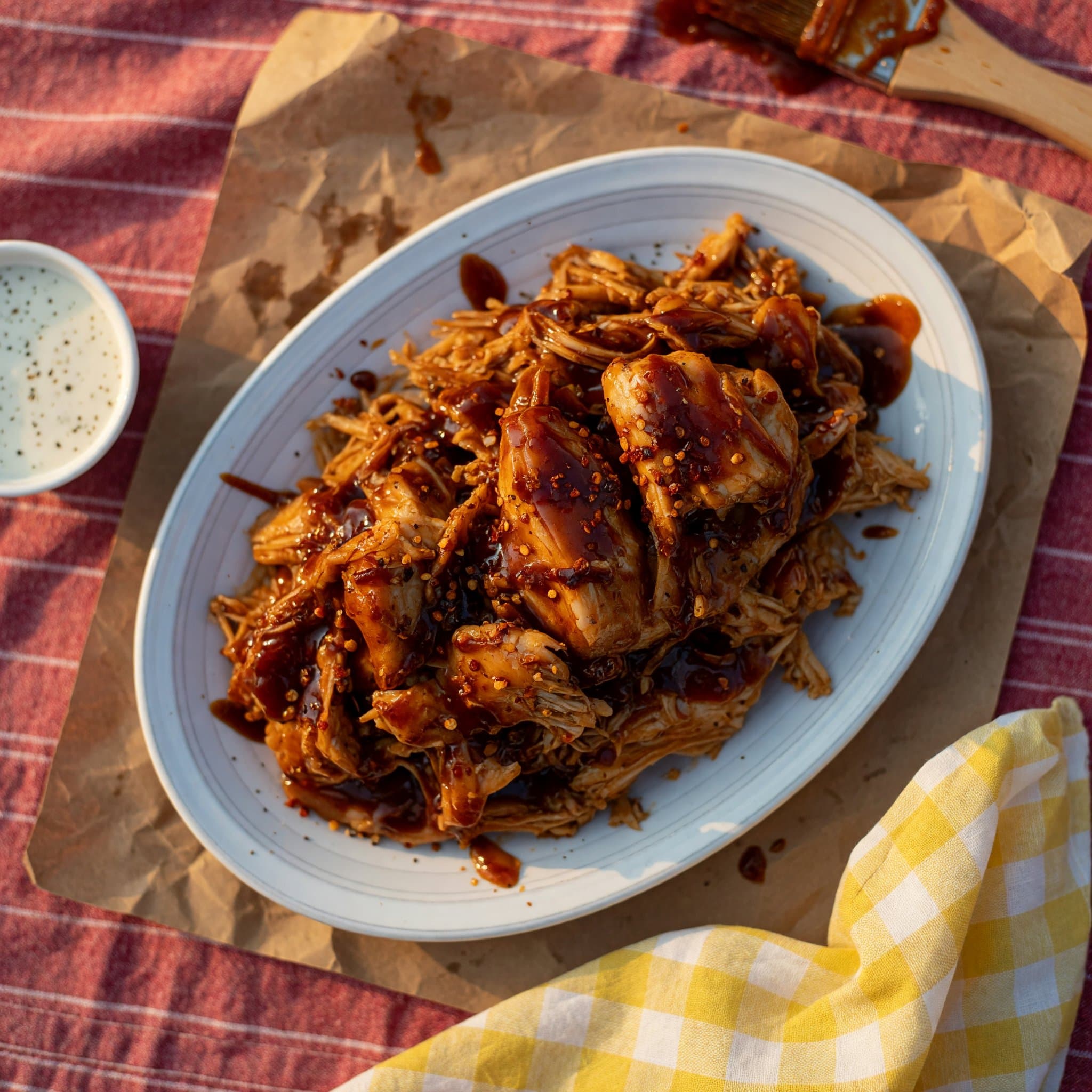 Shredded BBQ chicken glazed and glossy, ready for sandwiches or plates.