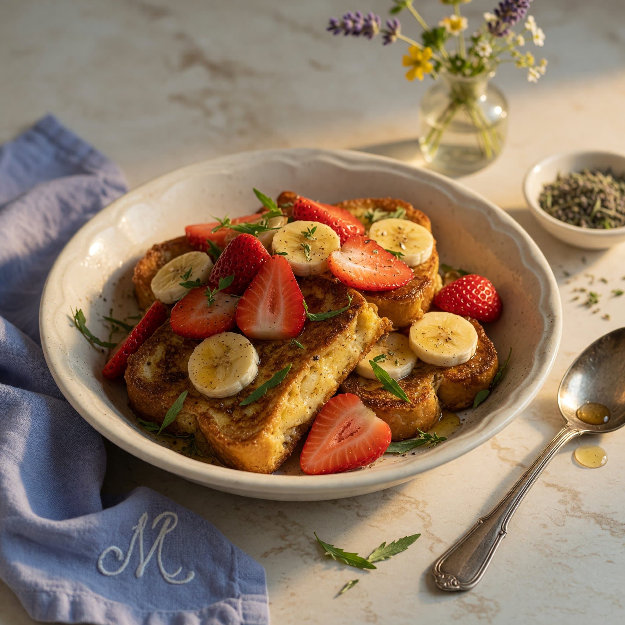 Strawberry Banana Stuffed French Toast — golden, dusted with powdered sugar, and piled high with fresh fruit.