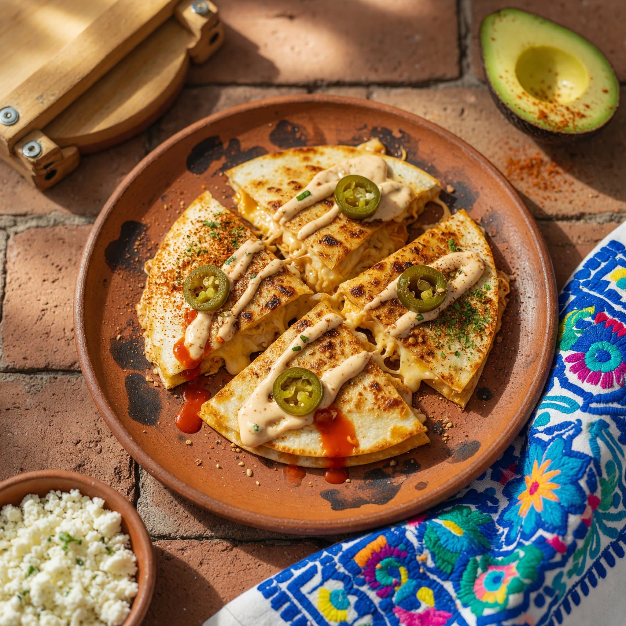 Golden, crispy quesadilla sliced into four triangles — cheesy, spicy, and ready in about 35 minutes.