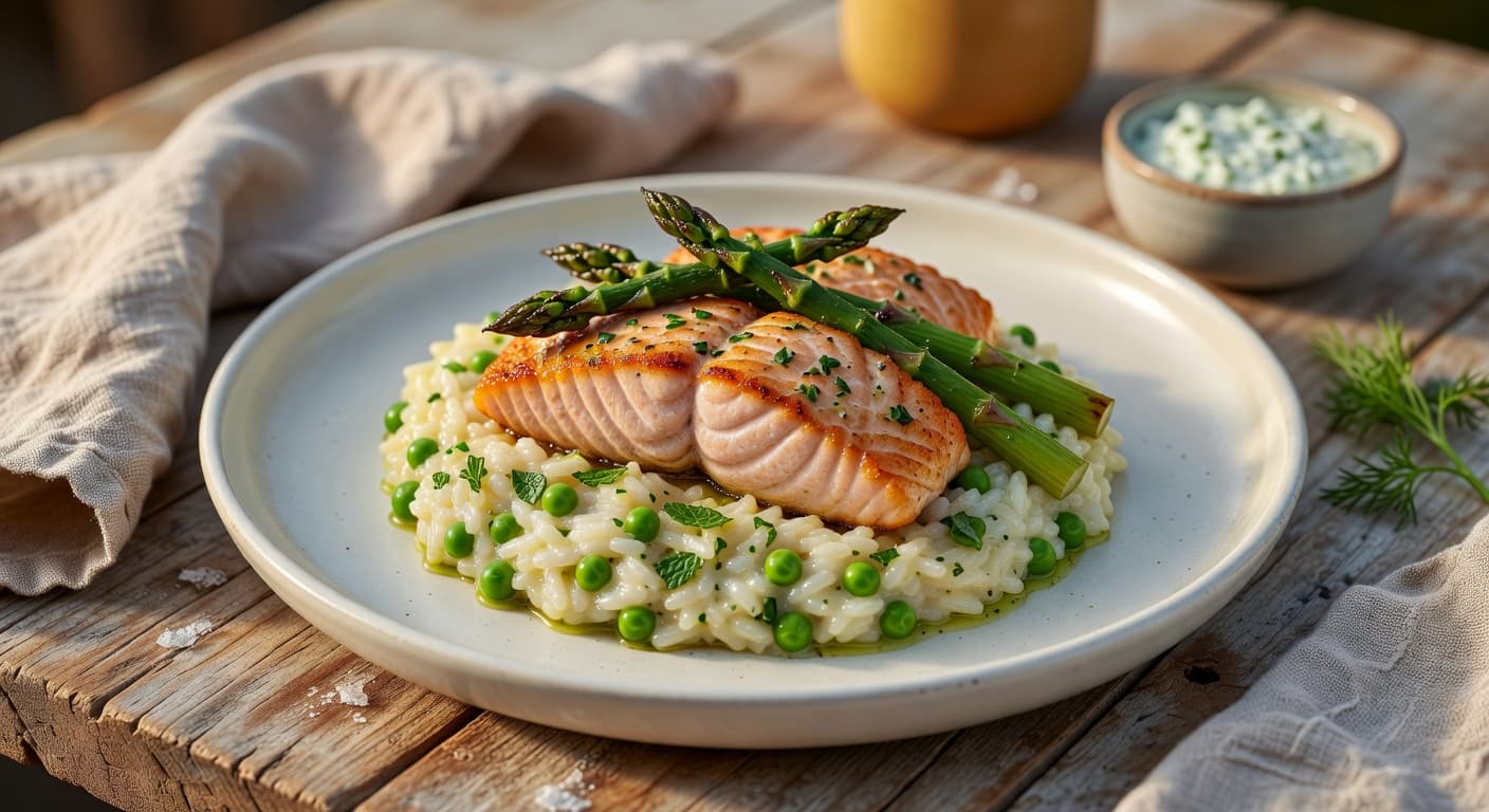 Pan-seared salmon resting on creamy pea-mint risotto with charred asparagus spears — dinner done right.