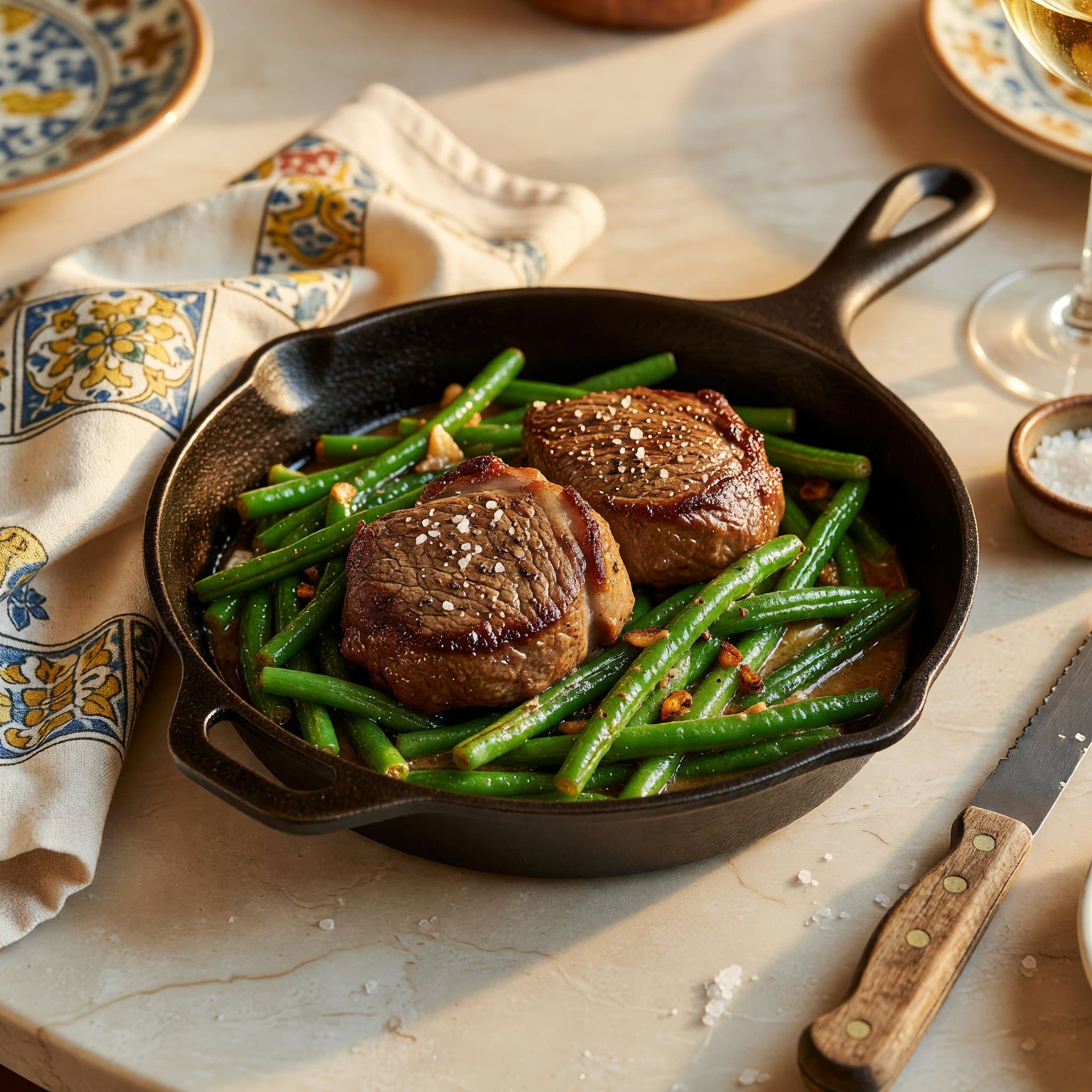 Pan-seared beef tenderloin plated over garlicky brown butter green beans, finished with a squeeze of lemon.