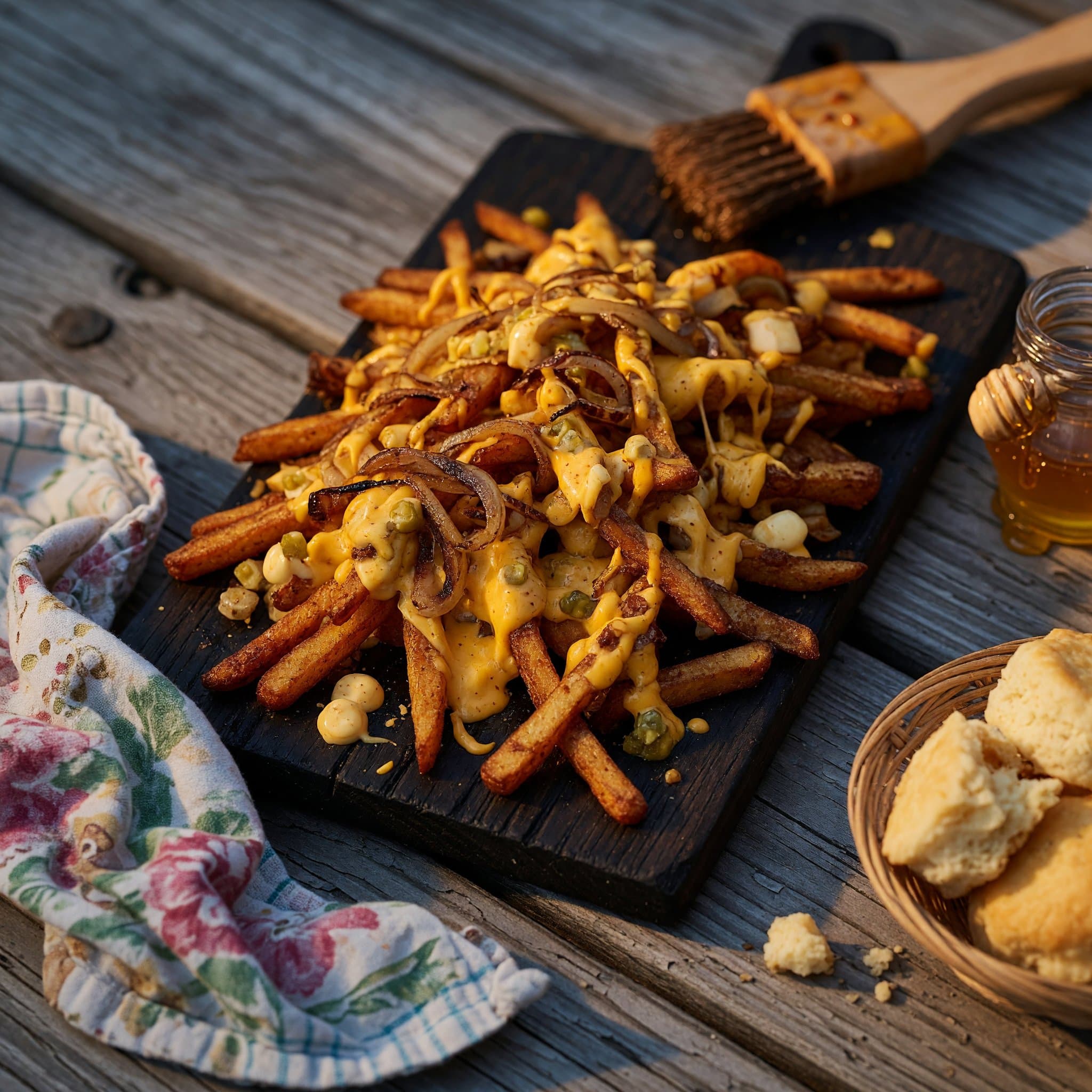 A loaded plate of crispy fries, melted cheddar, grilled onions, and special sauce.