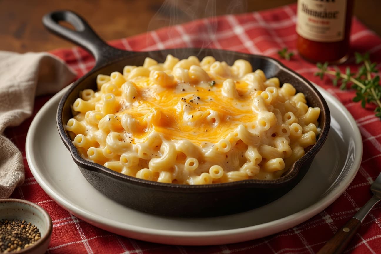 One-pot mac and cheese — golden, creamy, and garnished with smoked paprika and fresh chives.