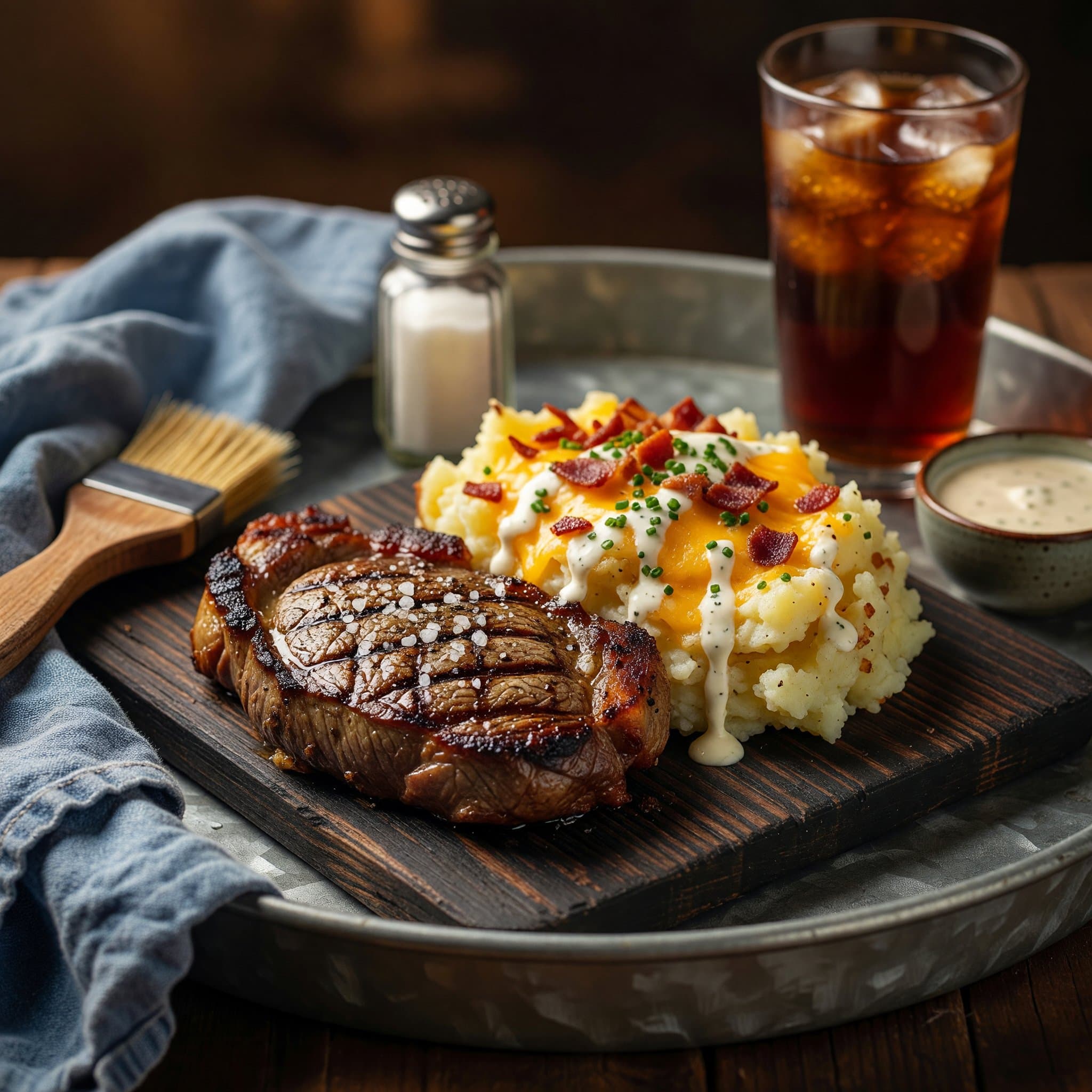 Grilled ribeye resting beside a bowl of loaded mashed potatoes, garnished with fresh chives and a glass of iced tea.