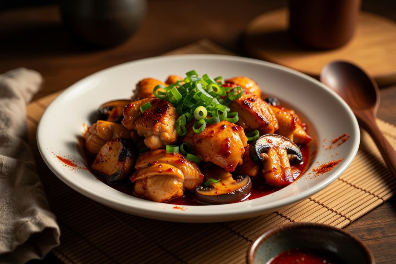 Caramelized gochujang chicken and mushrooms over steamed short-grain rice, finished with scallion greens and sesame seeds.