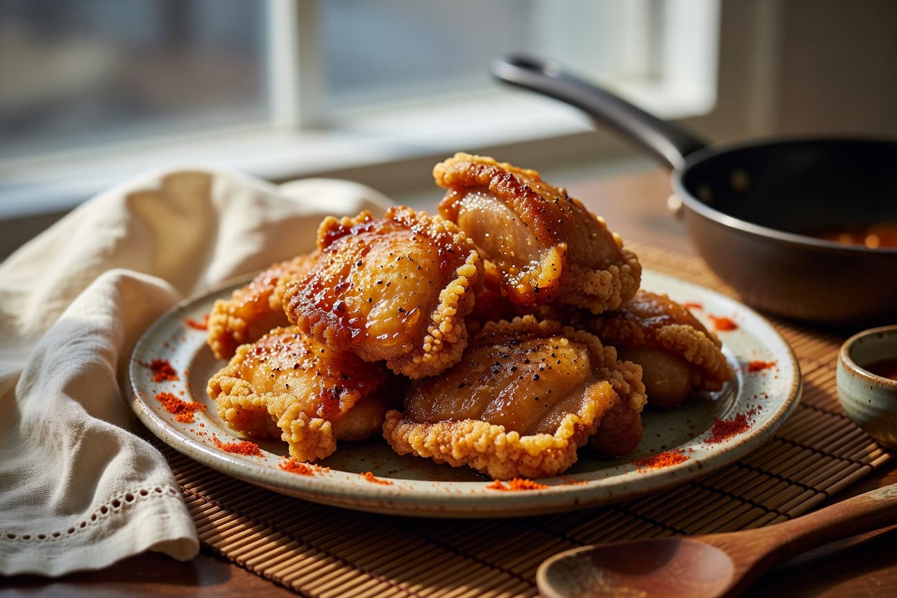 Dakgangjeong — Korean crispy soy garlic chicken, glazed and garnished with sesame seeds and scallions.