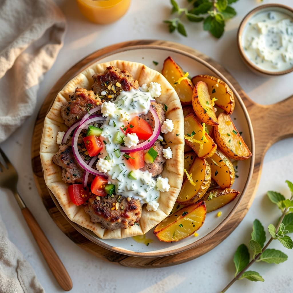 Greek lamb gyros loaded with tzatziki, feta, and fresh herbs, served alongside crispy lemon-herb potatoes.