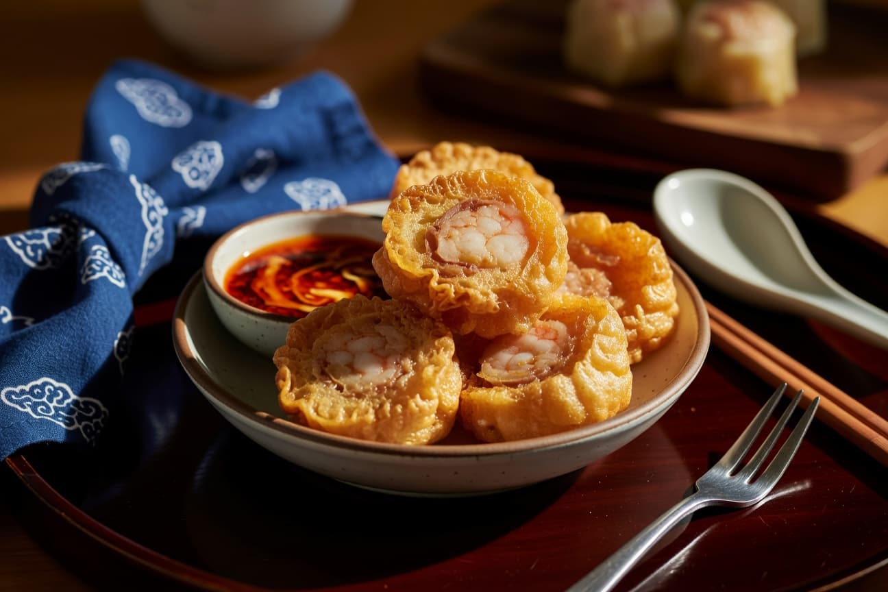 Crispy shrimp toast triangles, golden and sesame-crusted, served alongside a vibrant sweet chili dipping sauce.