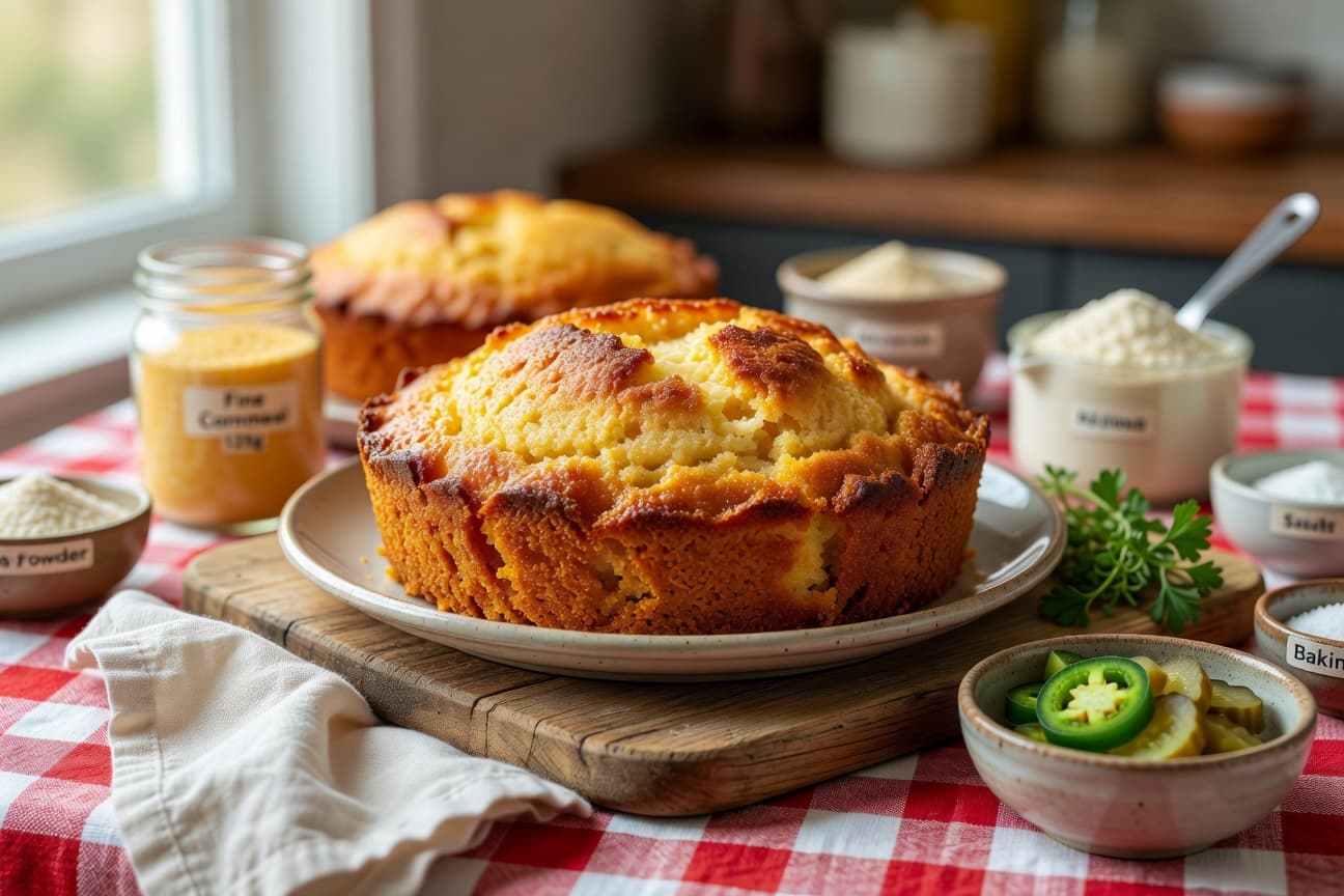 Golden-edged cornbread fresh from the oven — soft and buttery inside, crisp where it counts.