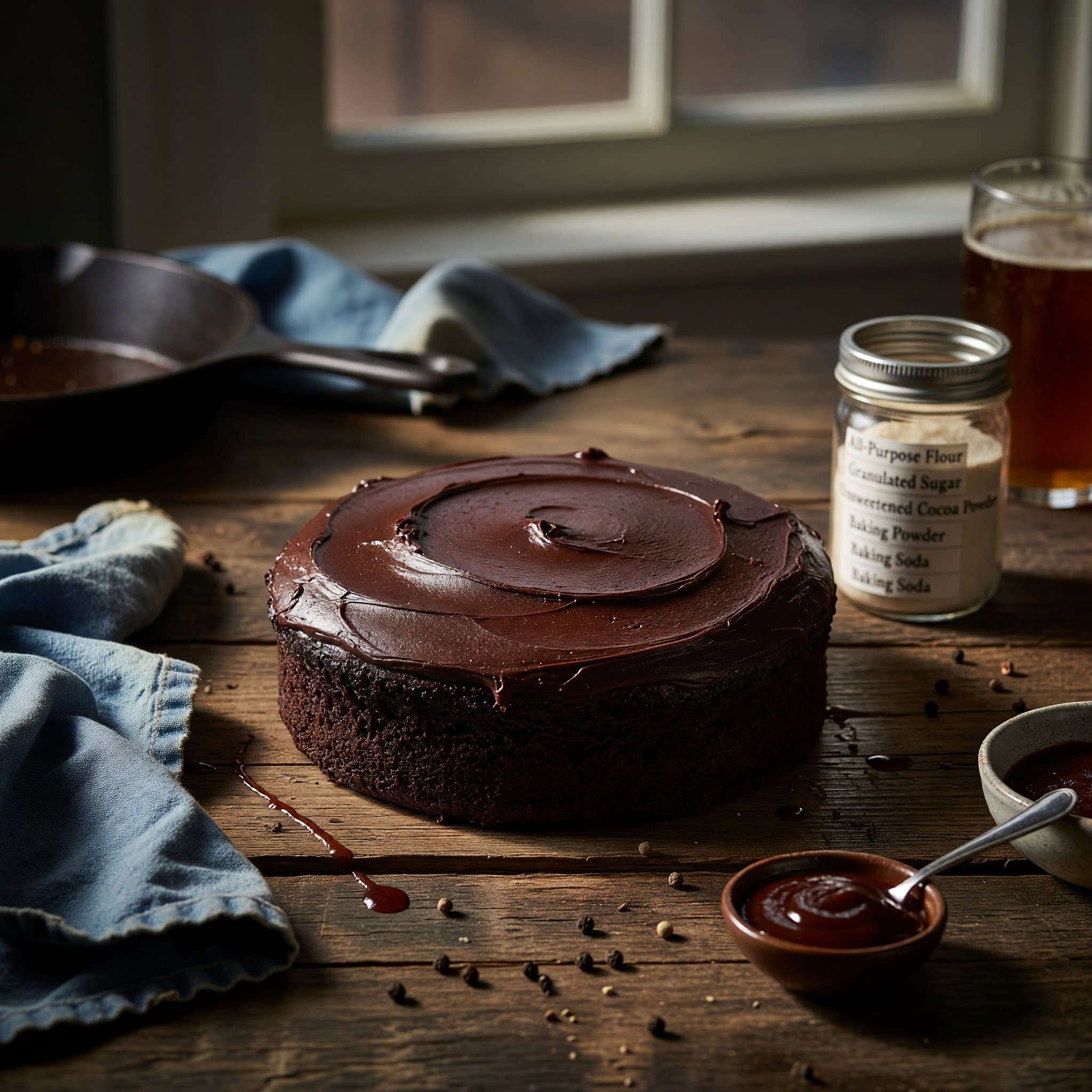 Three layers of dark chocolate cake, frosted thick and finished with chocolate sprinkles — the kind of cake that stops a room.