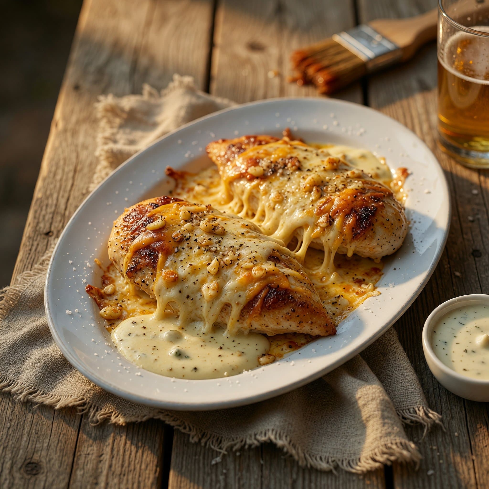 A golden chicken breast under melted cheddar, garlic butter pooling in the pan.