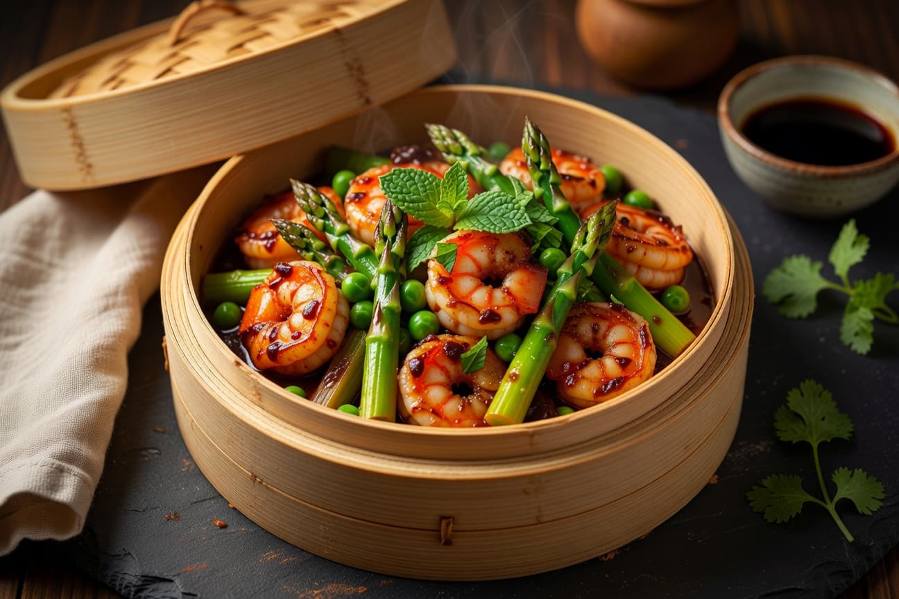Wok-seared shrimp, asparagus, and peas in a glossy black bean sauce, finished with fresh mint and toasted sesame seeds.