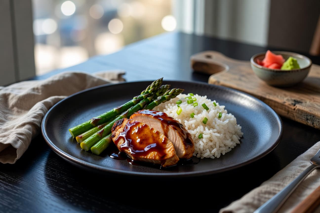 Glazed chicken breast over scallion rice with tender asparagus — a weeknight dinner that punches well above its weight.